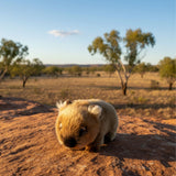 Small Wombat on a rock in a desert landscape with trees in the background