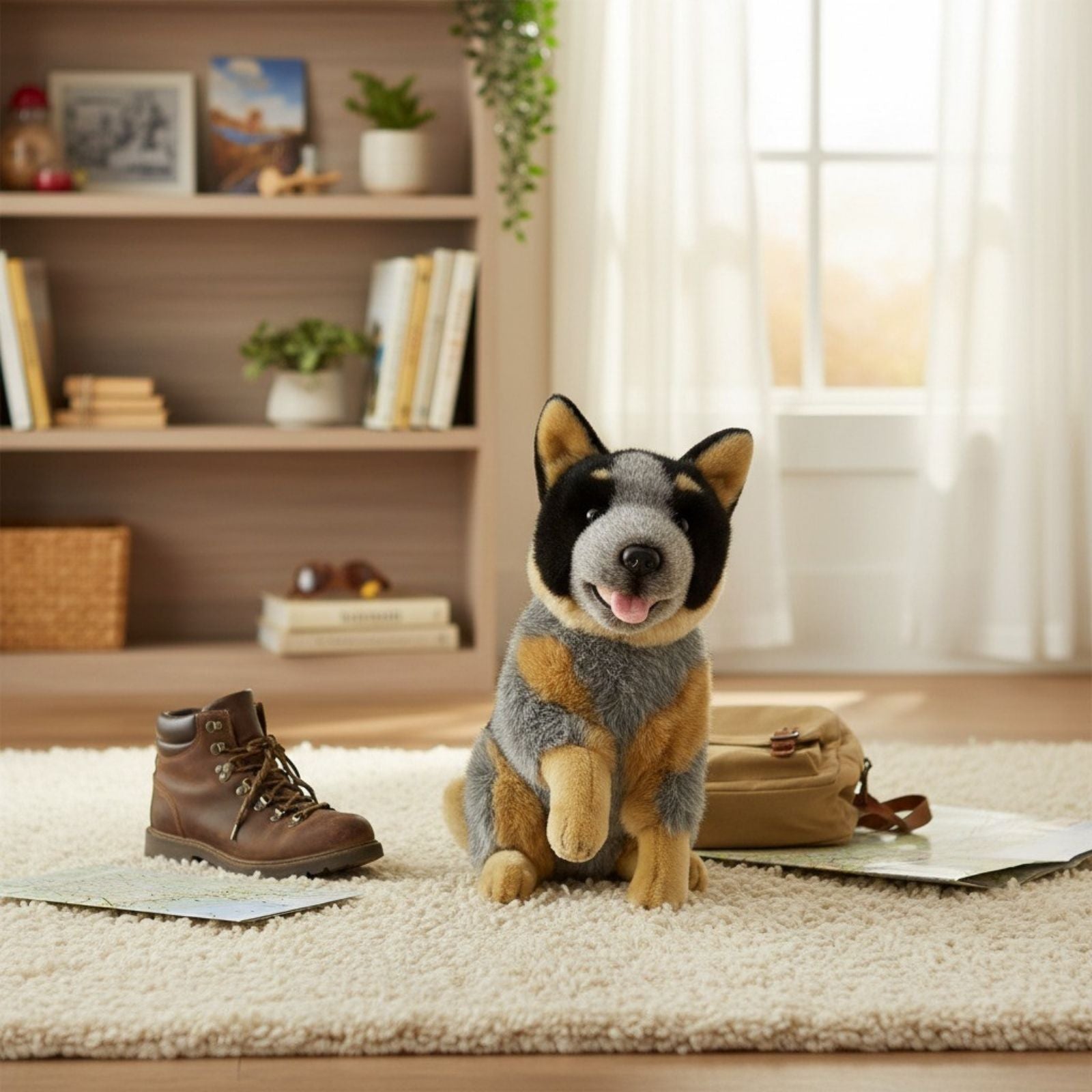 Marshall Blue Heeler plush sitting indoors