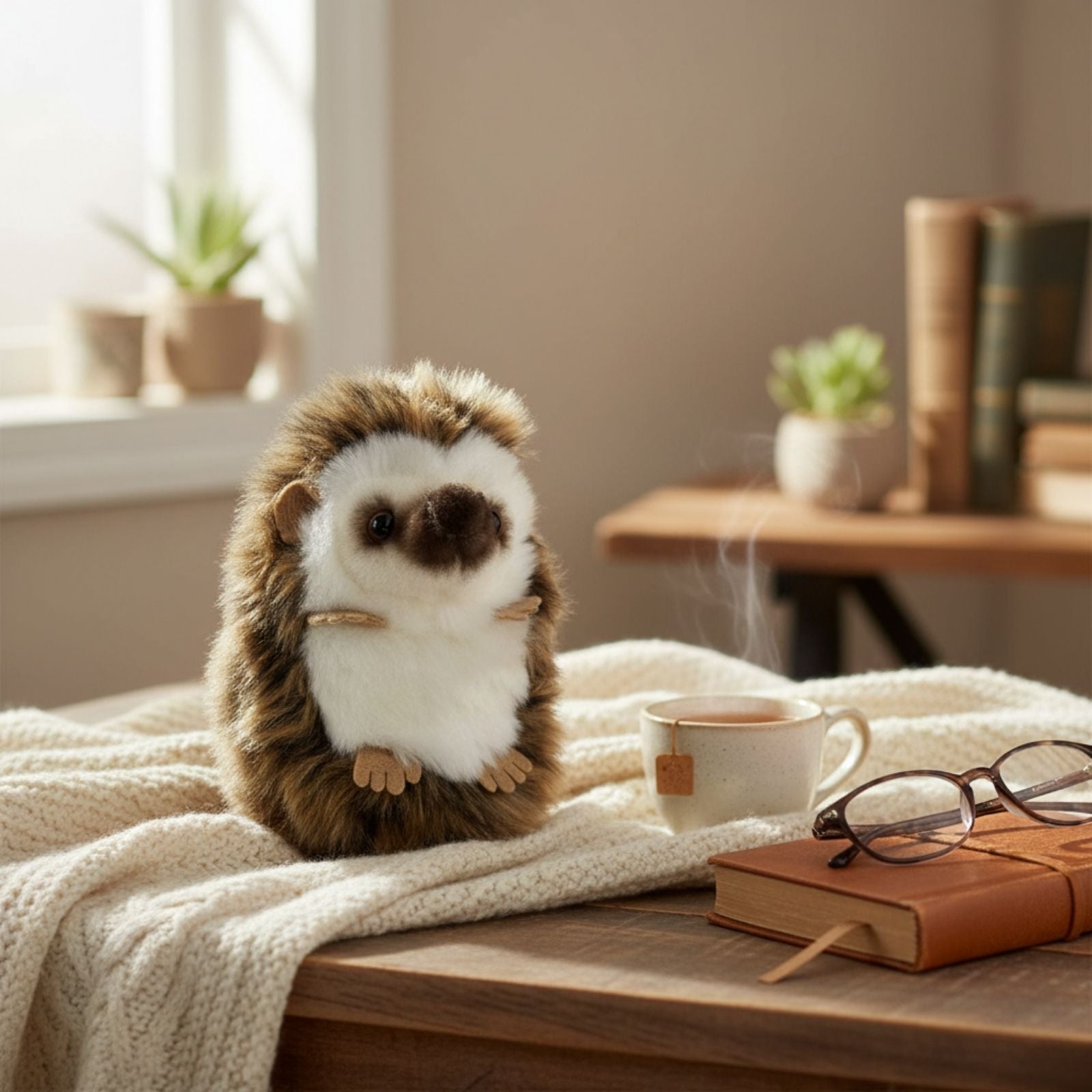 baby Hedgehog soft small handcrafted realistic plush toy in a table with books 
