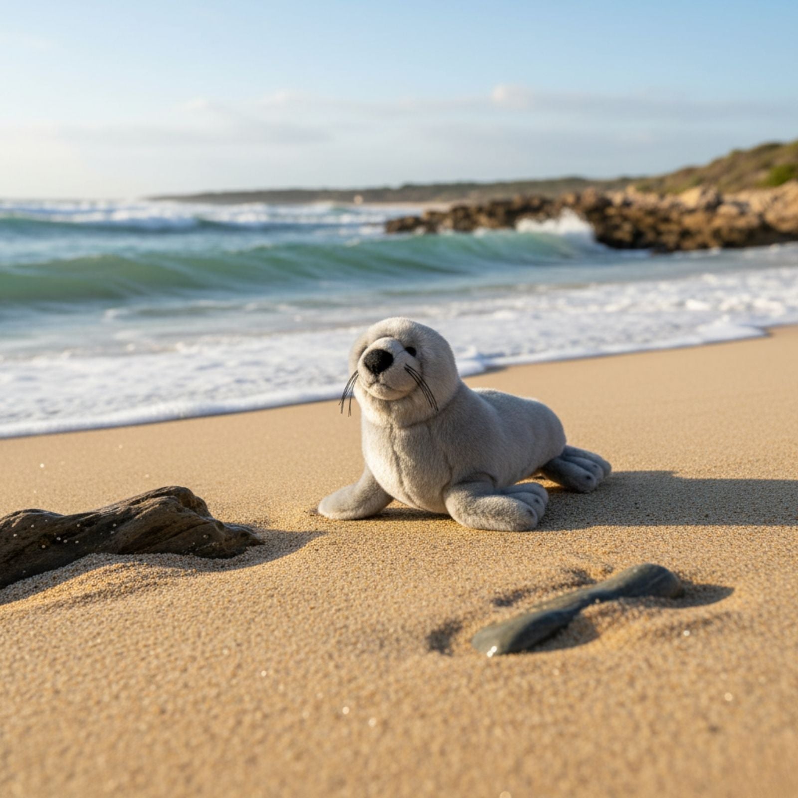 Mawson Australian Sea Lion plush on sandy beach near shoreline.