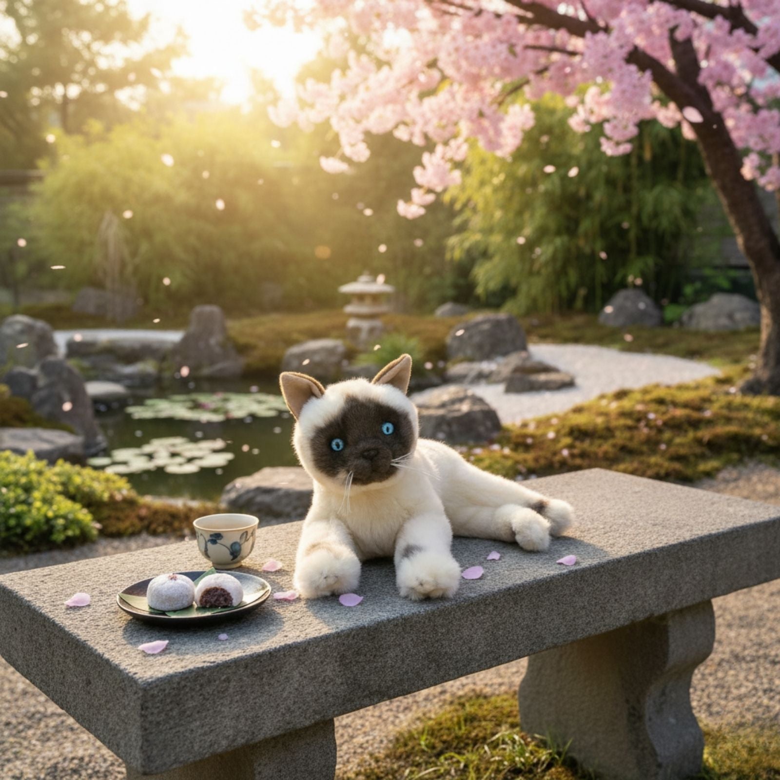 Mia Burmese cat plush on stone bench in Japanese garden.