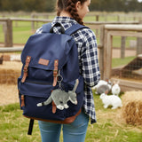 Girl with blue backpack and mini bilby keychain at farm.