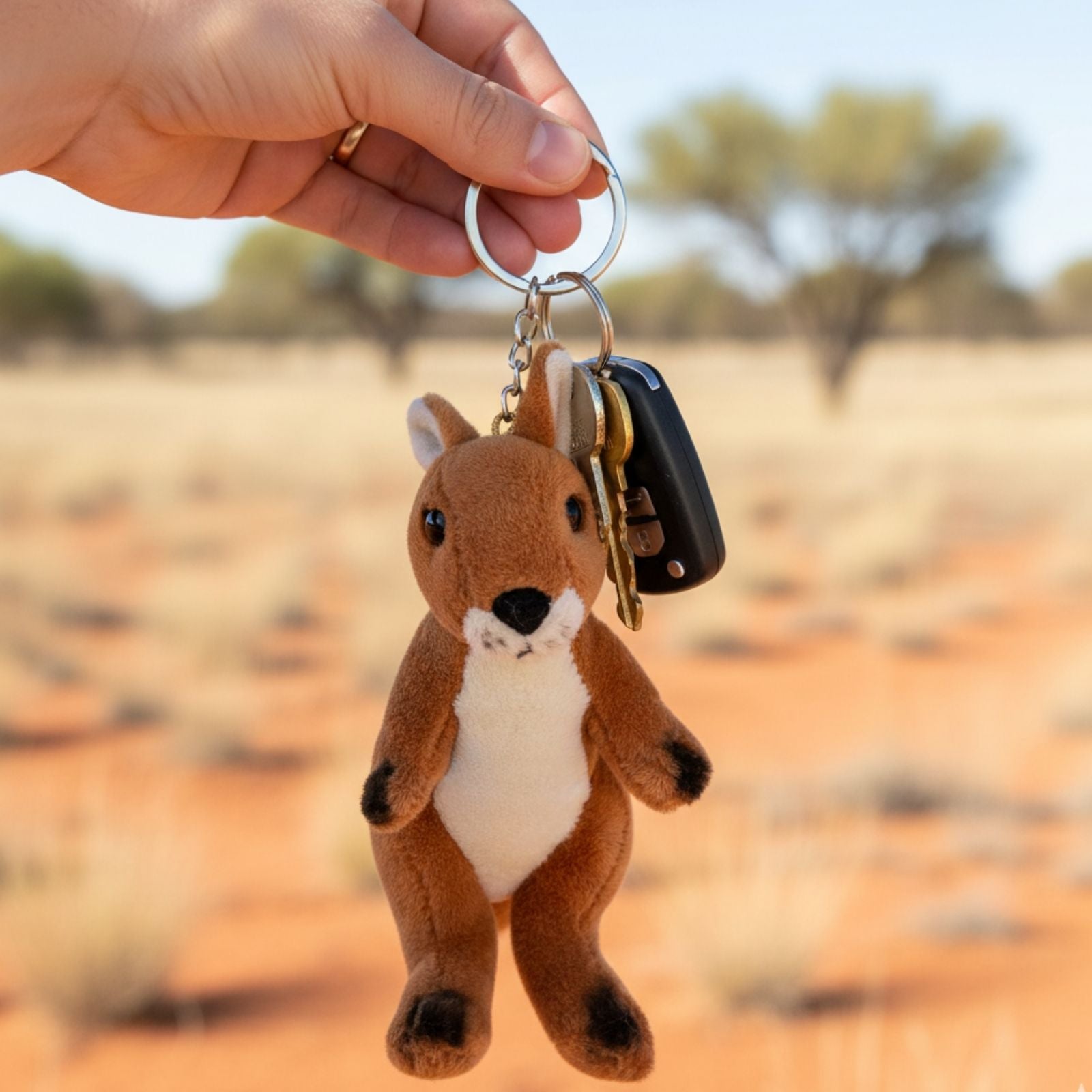 Mini Red Kangaroo plush toy made from recycled materials in a keychain together with keys 