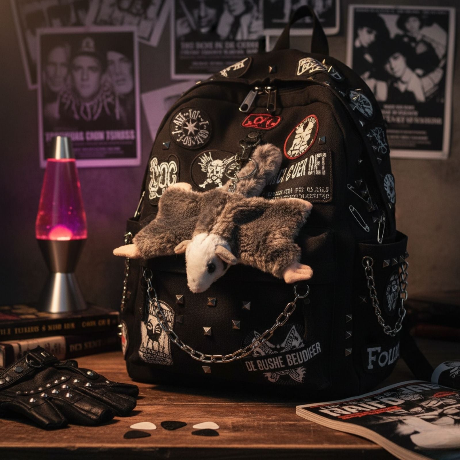 Mini squirrel glider plush keychain on a backpack.