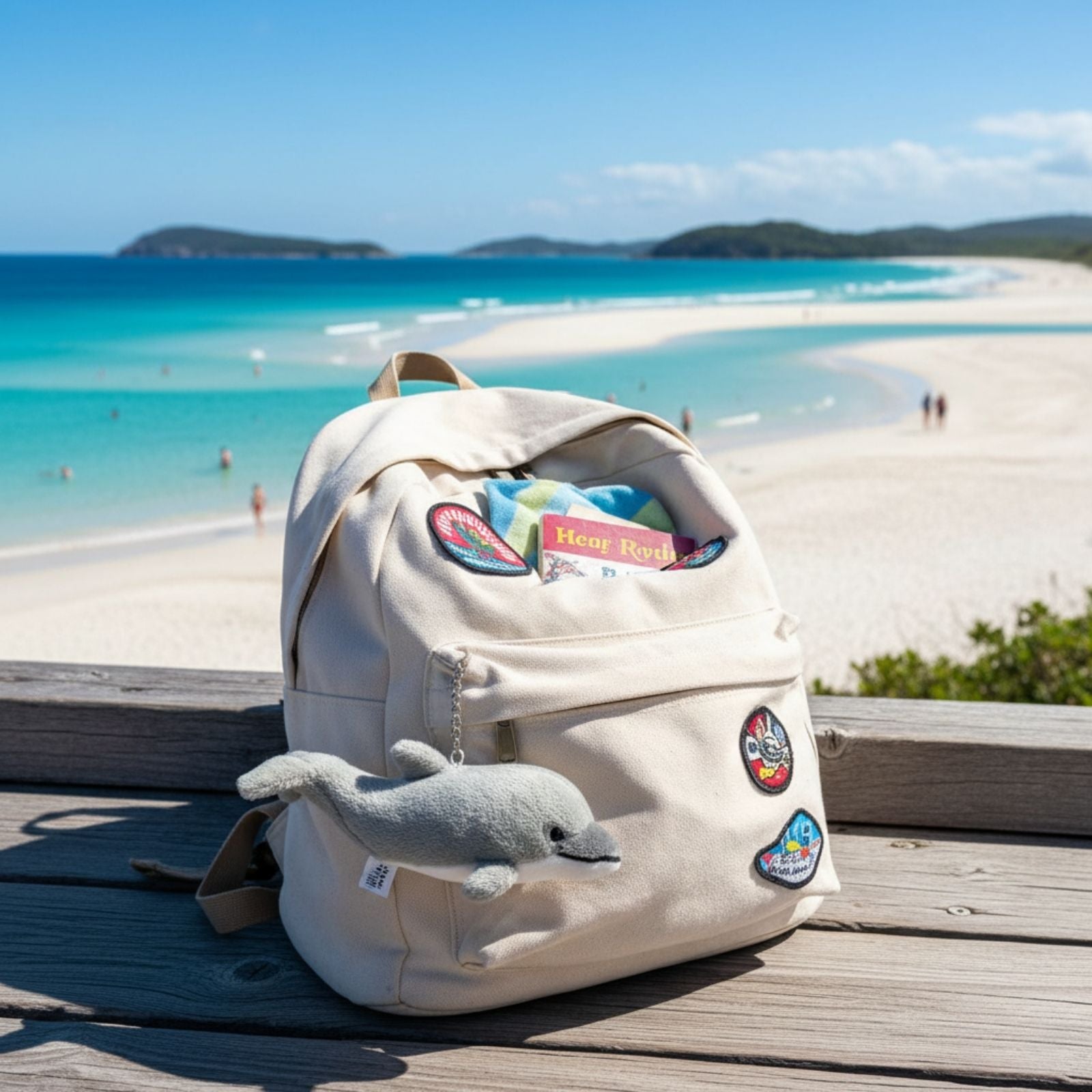 Mini dolphin plush keychain on a backpack.
