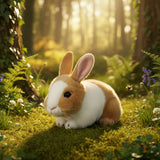 Mopsy bunny plush sitting on mossy forest floor.