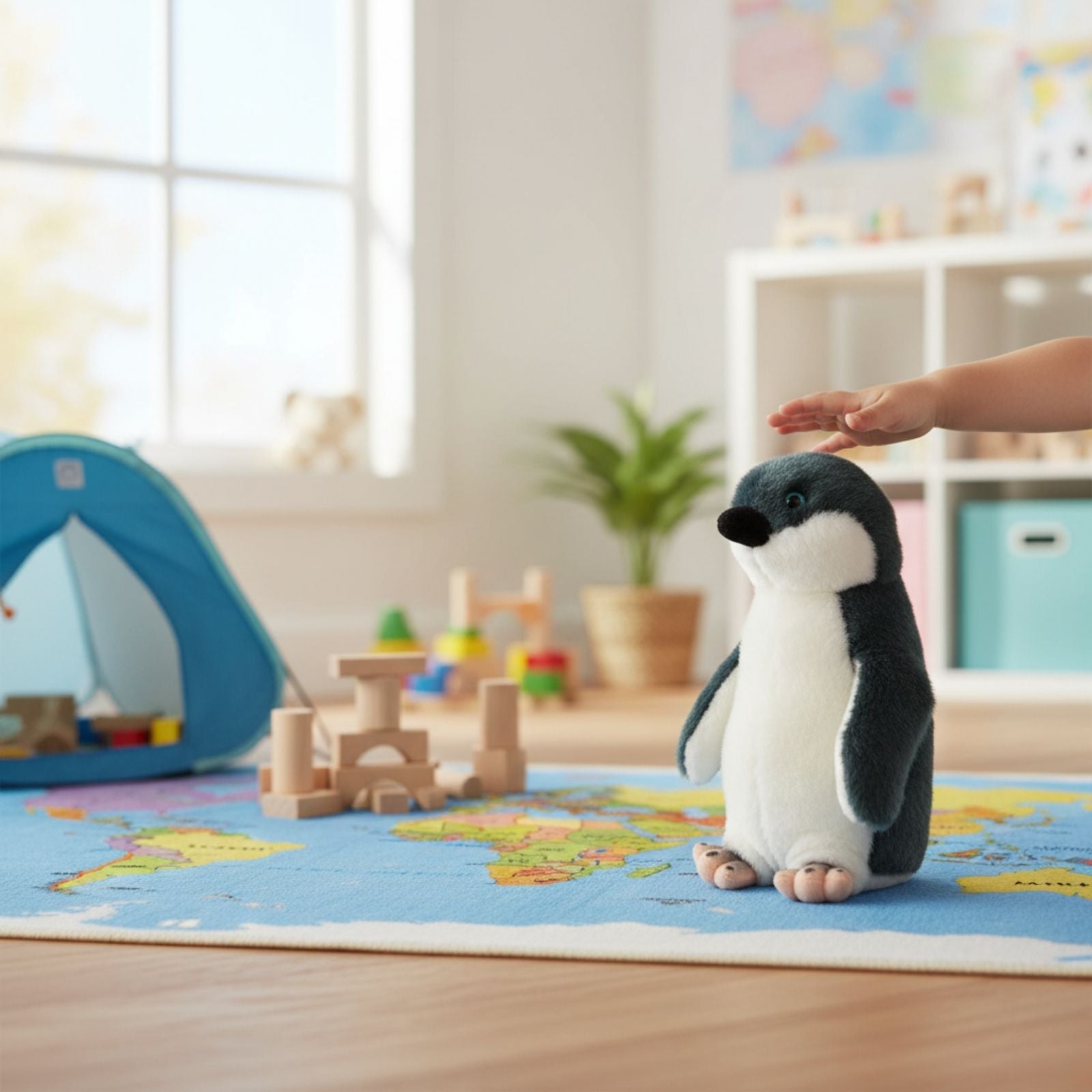 Mumble Fairy Penguin plush on world map rug indoors