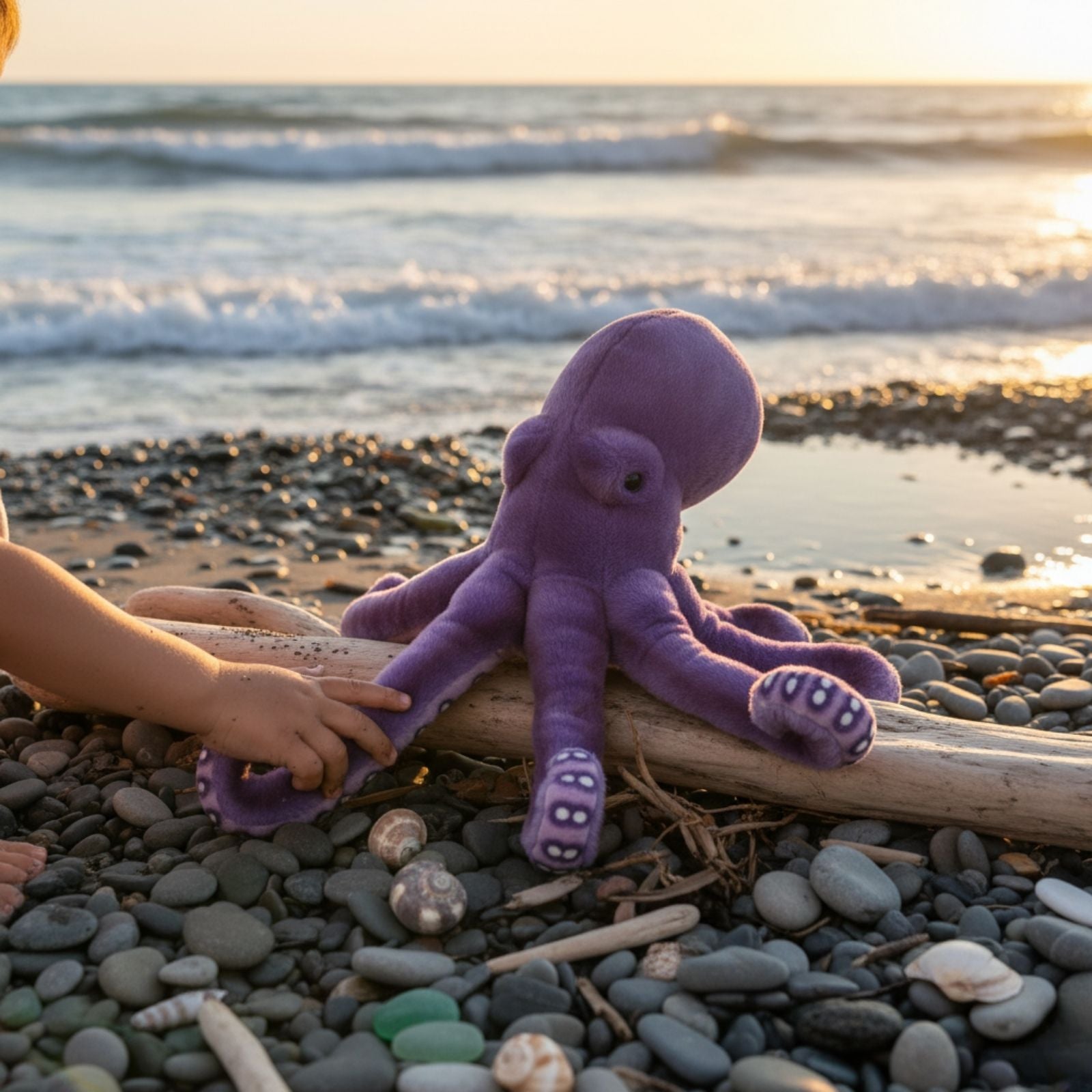 Nate purple octopus plush on pebbled beach at sunset