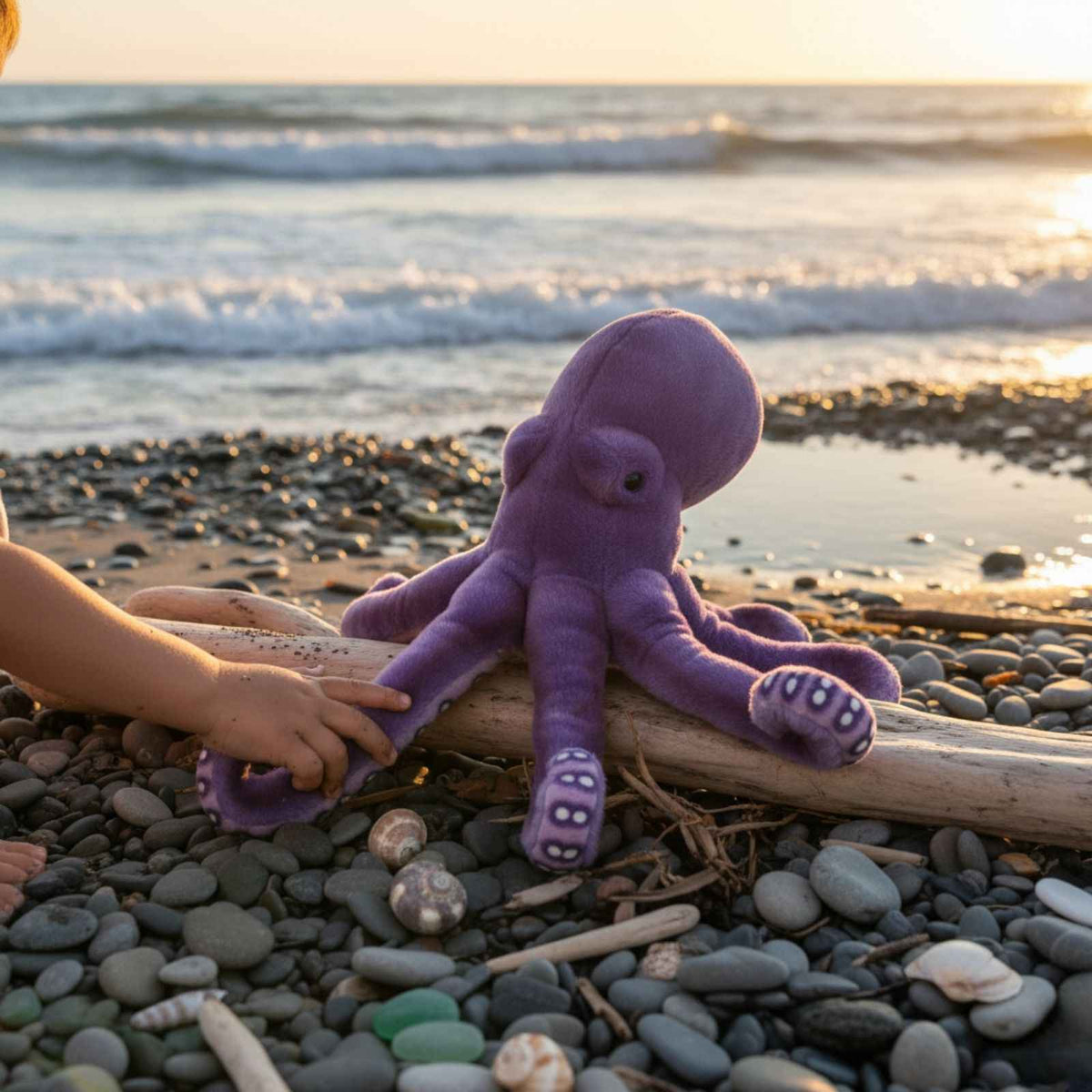 Nate purple octopus plush on pebbled beach at sunset