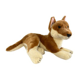 Plush dingo toy resembling a brown and beige animal on a white background