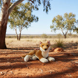 Stuffed dingo toy in a natural setting with trees and open space