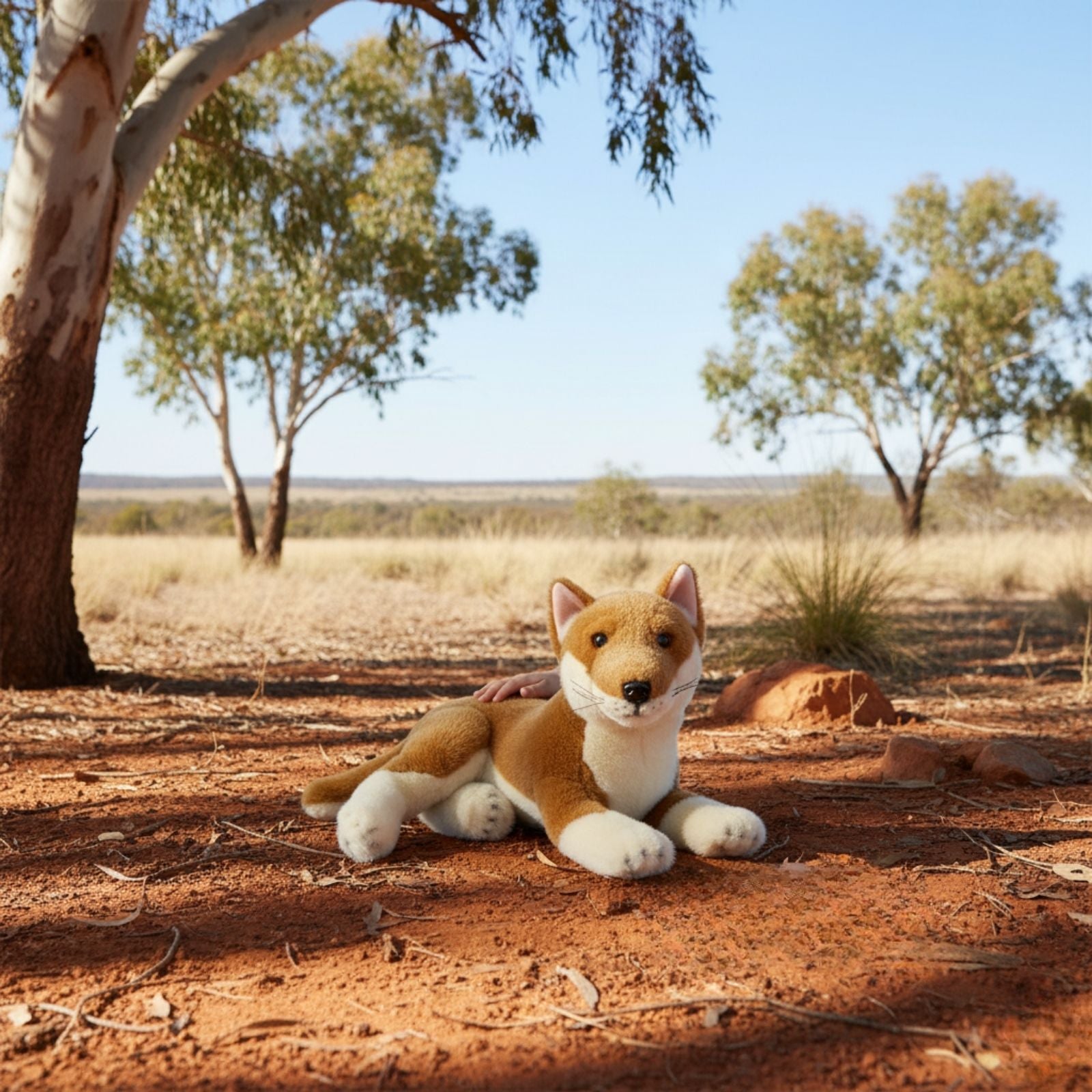 Stuffed dingo toy in a natural setting with trees and open space