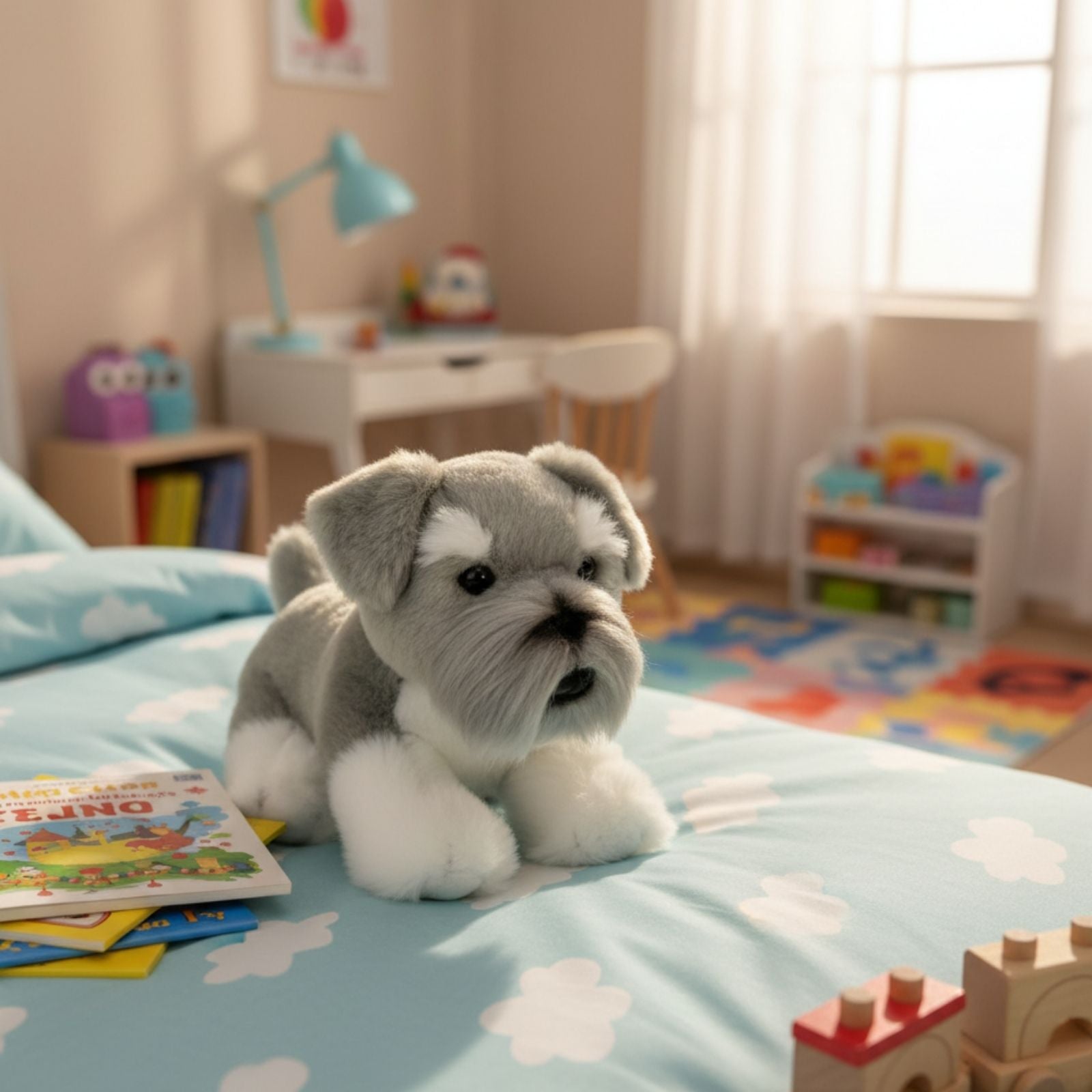 Scoobie Schnauzer plush toy on cloud-pattern bed in sunny kids’ room