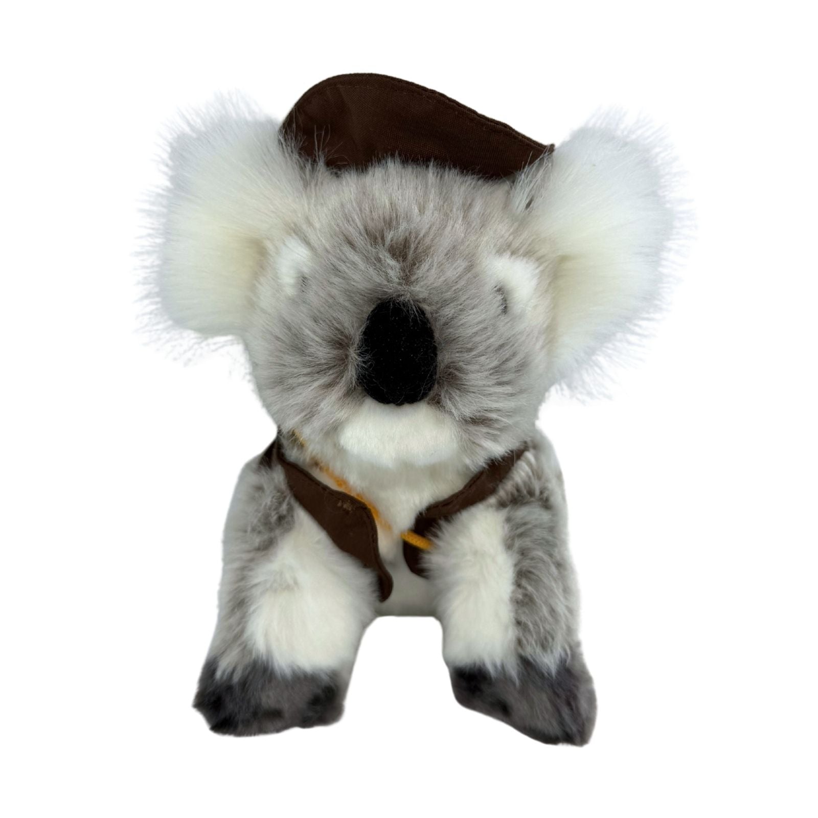Sitting Jack koala plush with swag and hat front view