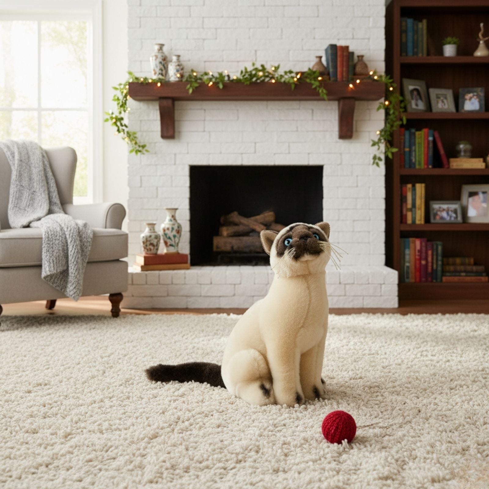 Noodles Siamese cat plush sitting on carpet near fireplace
