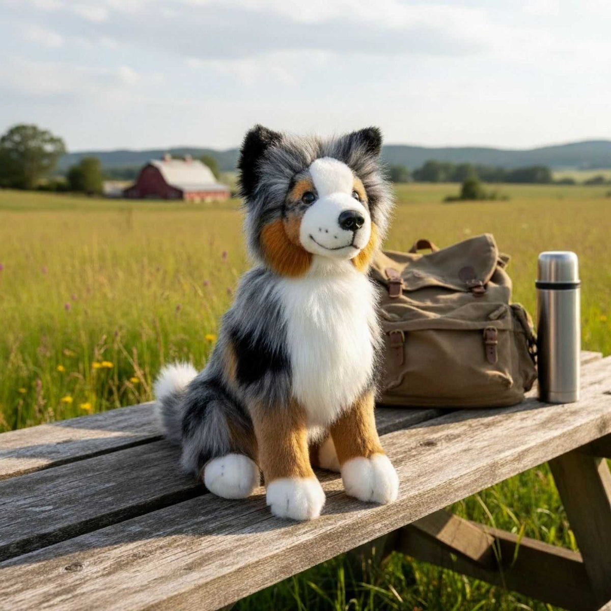Plush toy dog on a wooden bench in a field with a red barn in the background