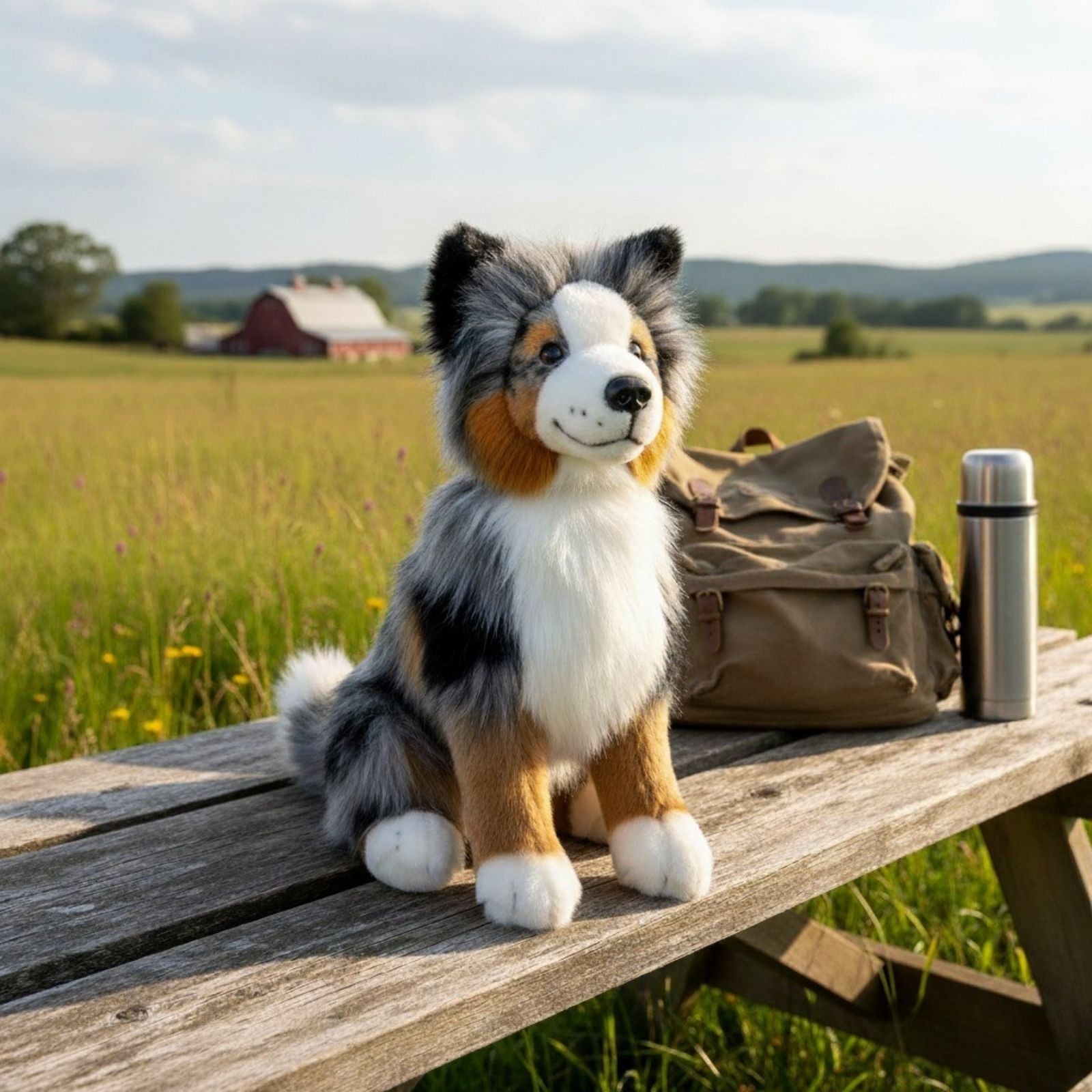 Plush toy dog on a wooden bench in a field with a red barn in the background