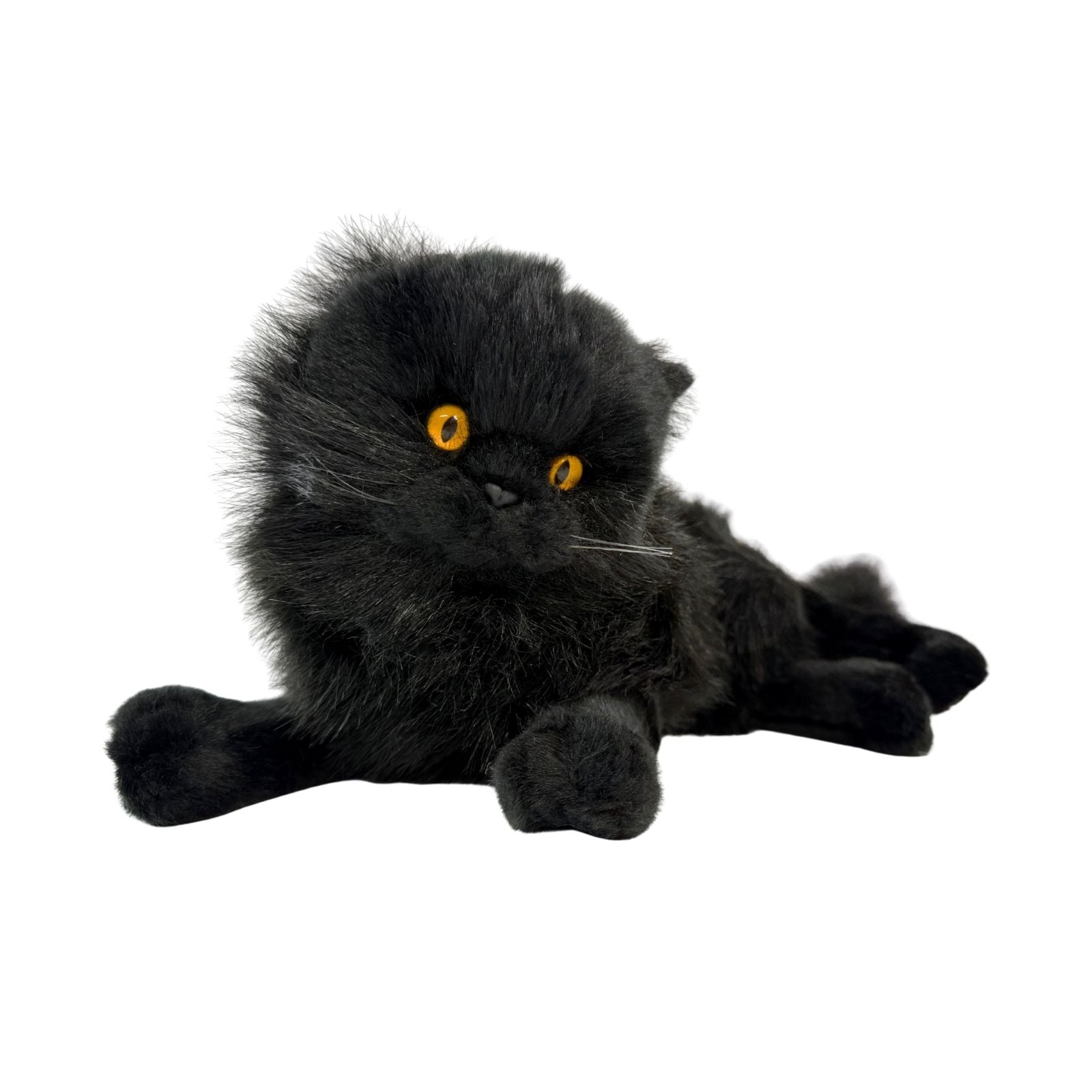 Onyx black Persian cat plush lying front view