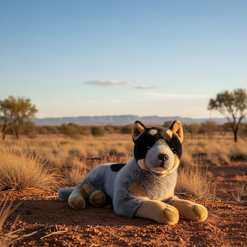 Orazio Blue Heeler plush lying on red desert ground