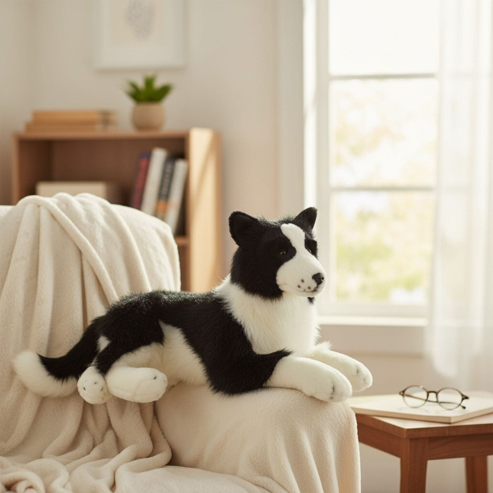 Oscar Border Collie plush lying on a sofa