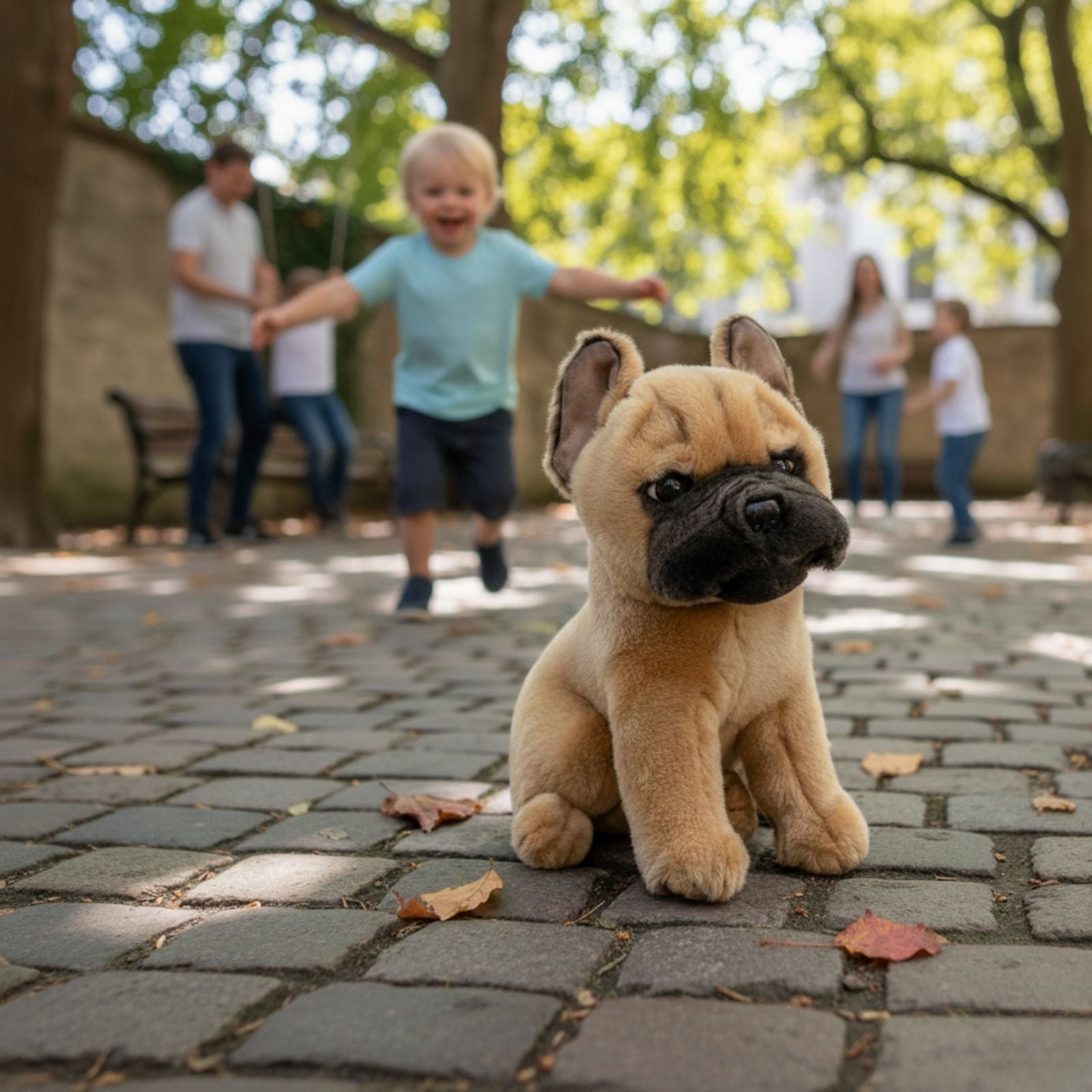 Paris French Bulldog plush sitting on cobblestone path