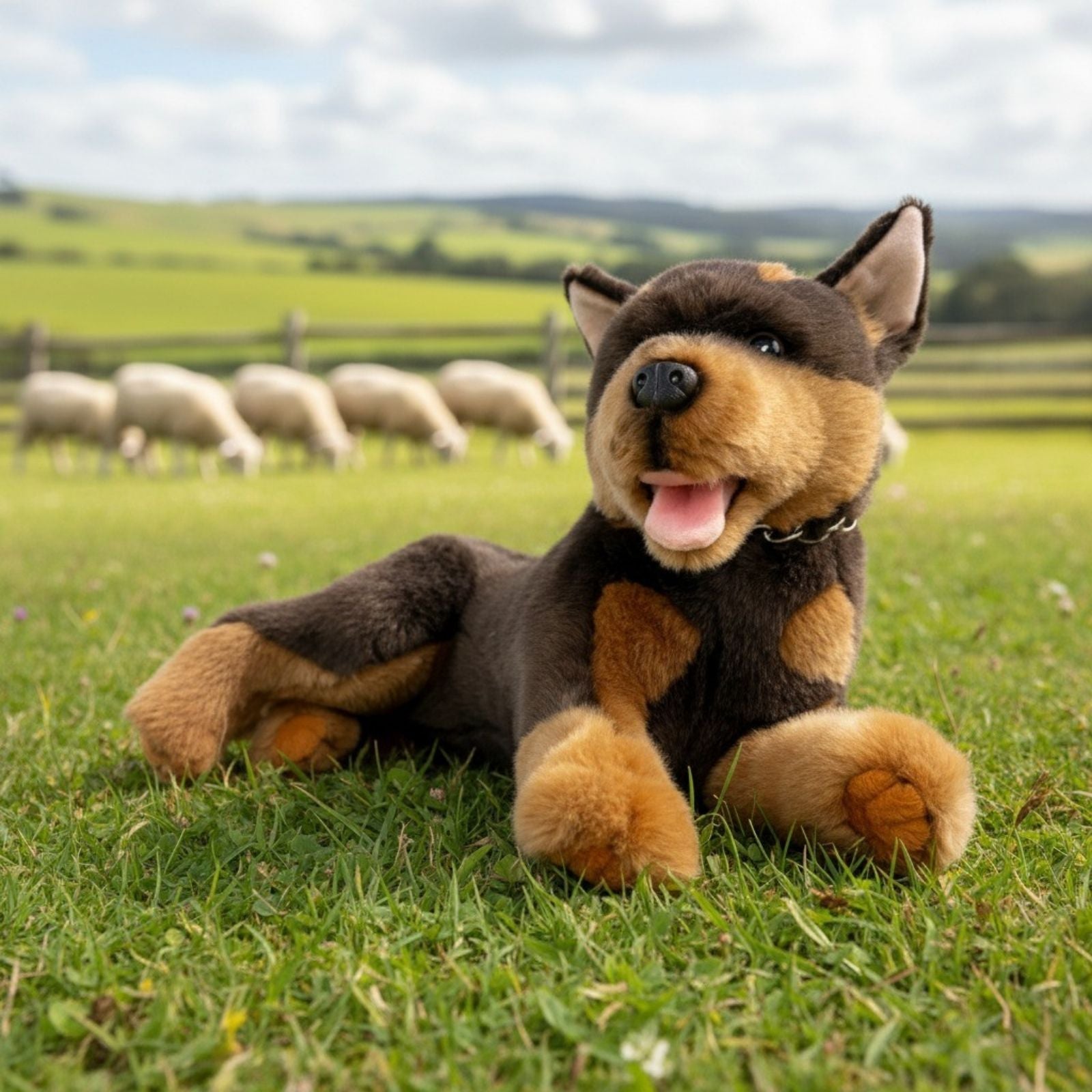 Parker Kelpie plush lying on grass near grazing sheep