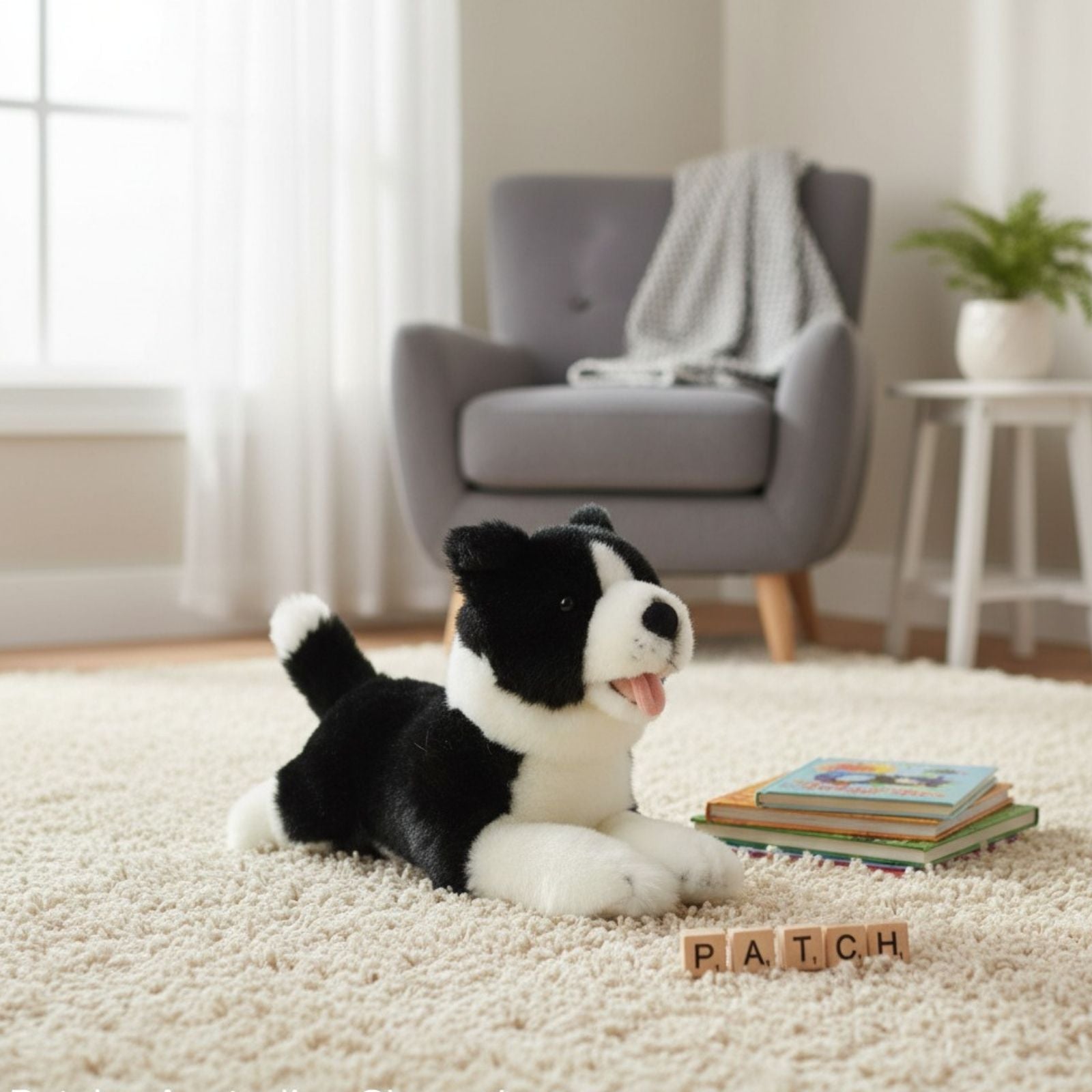 Patch Border Collie plush lying on carpet with blocks spelling PATCH