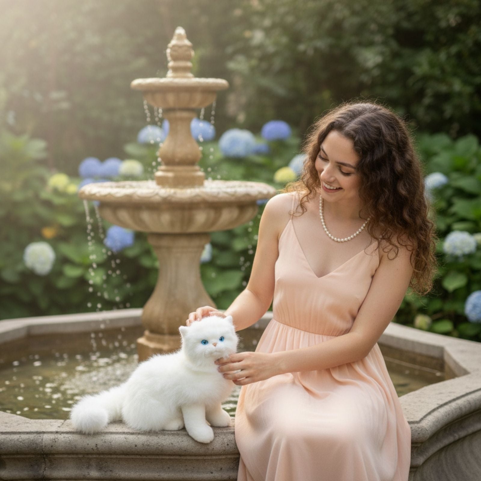 Pearl Persian cat plush sitting in a fountain