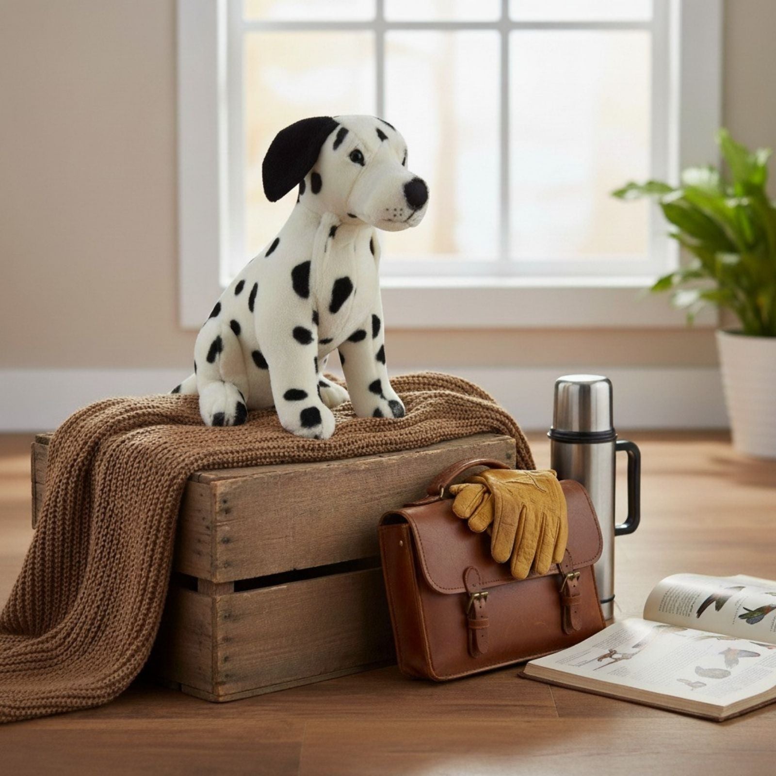 Pebbles Dalmatian plush sitting on wooden crate with blanket and travel gear.