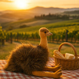 Plush hedgehog and emu on a picnic blanket with a vineyard and sunset in the background