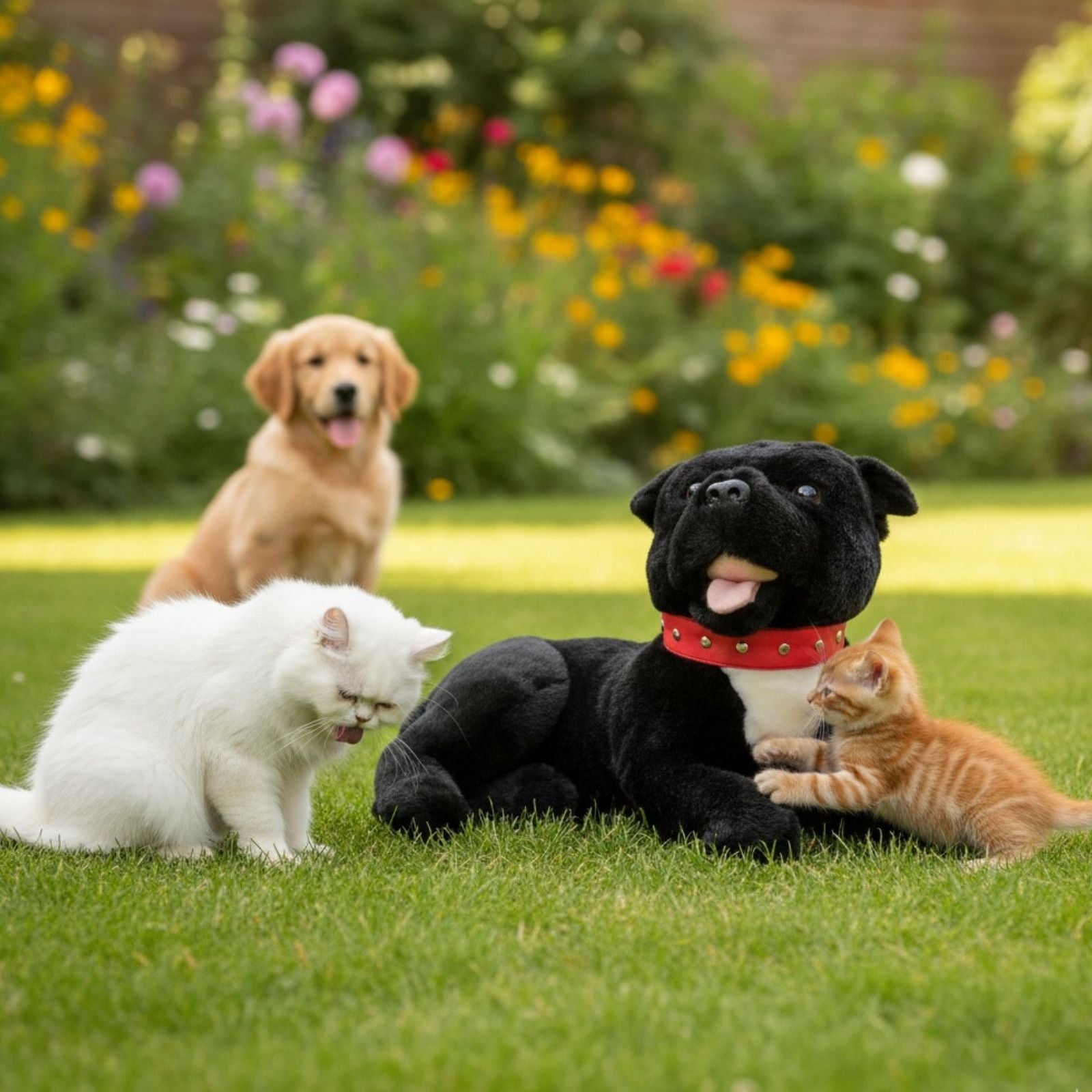 Pepper Staffy plush lying with kittens on grass, golden retriever behind.