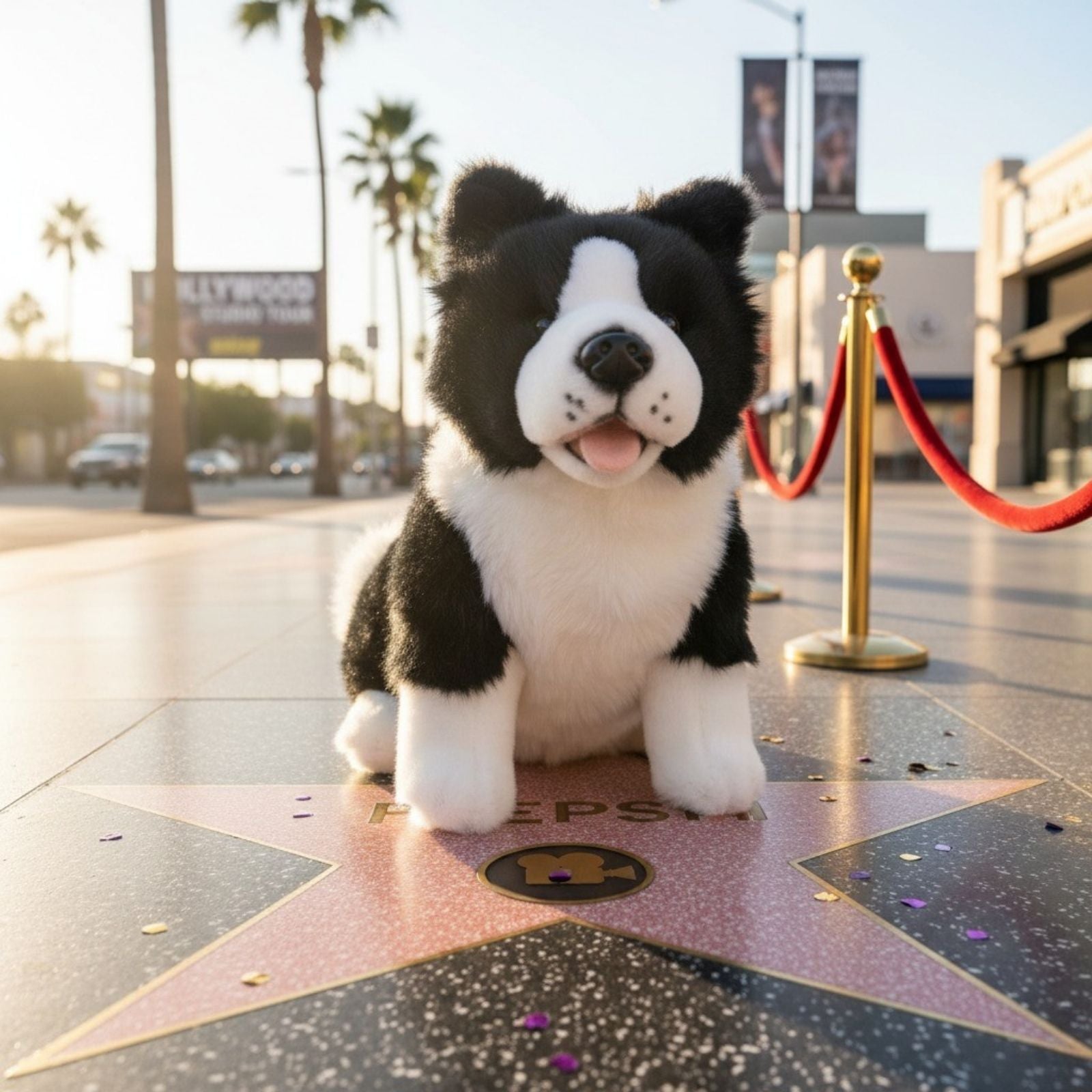 Pepsi Border Collie plush sitting on Hollywood Walk of Fame star.