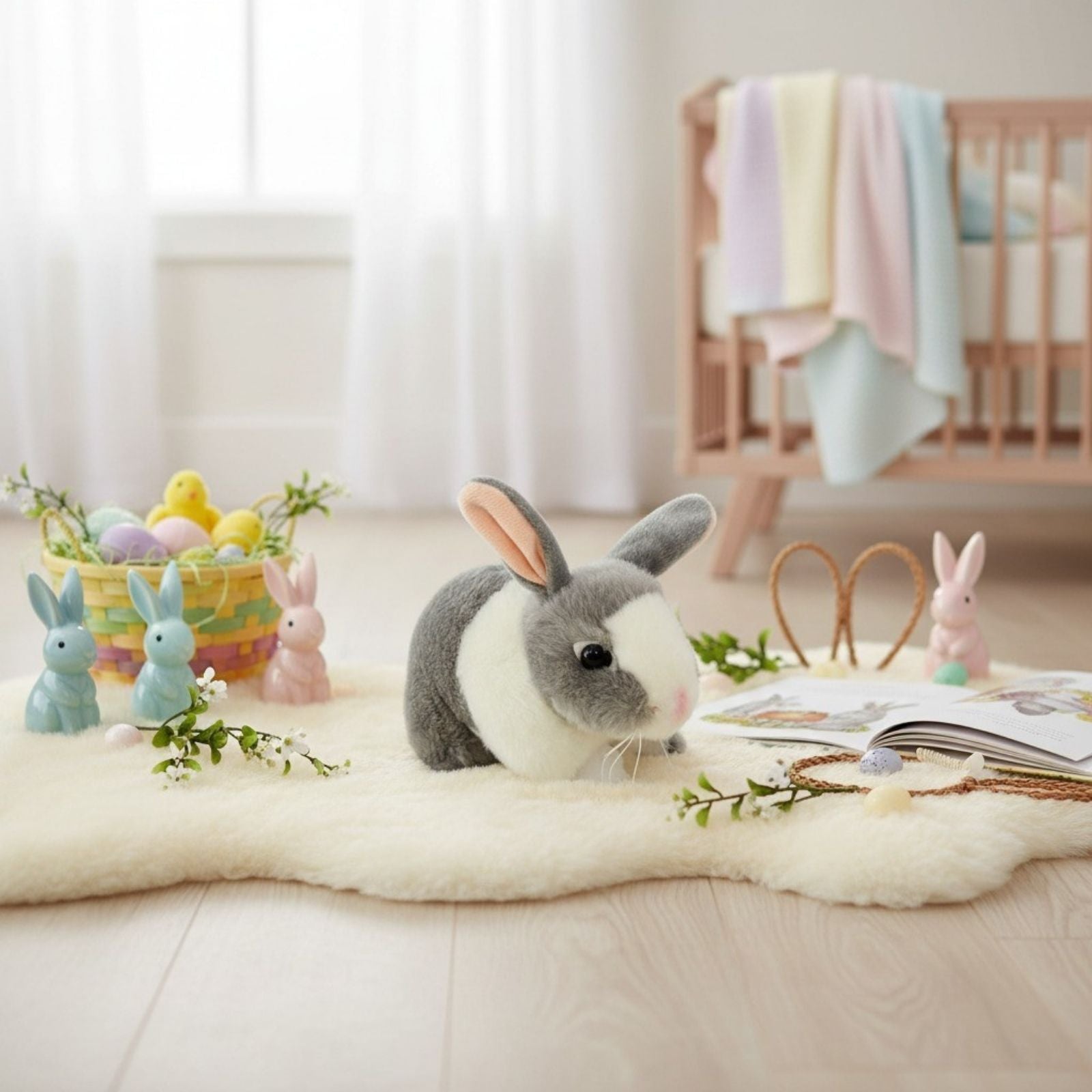 Peter bunny plush on rug with Easter décor and crib.