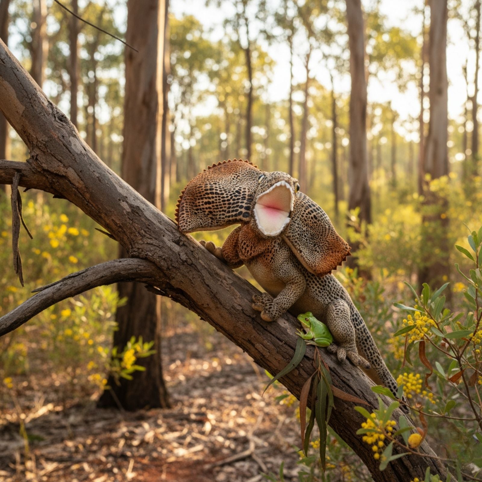 Frilled lizard on a tree branch in a forest setting