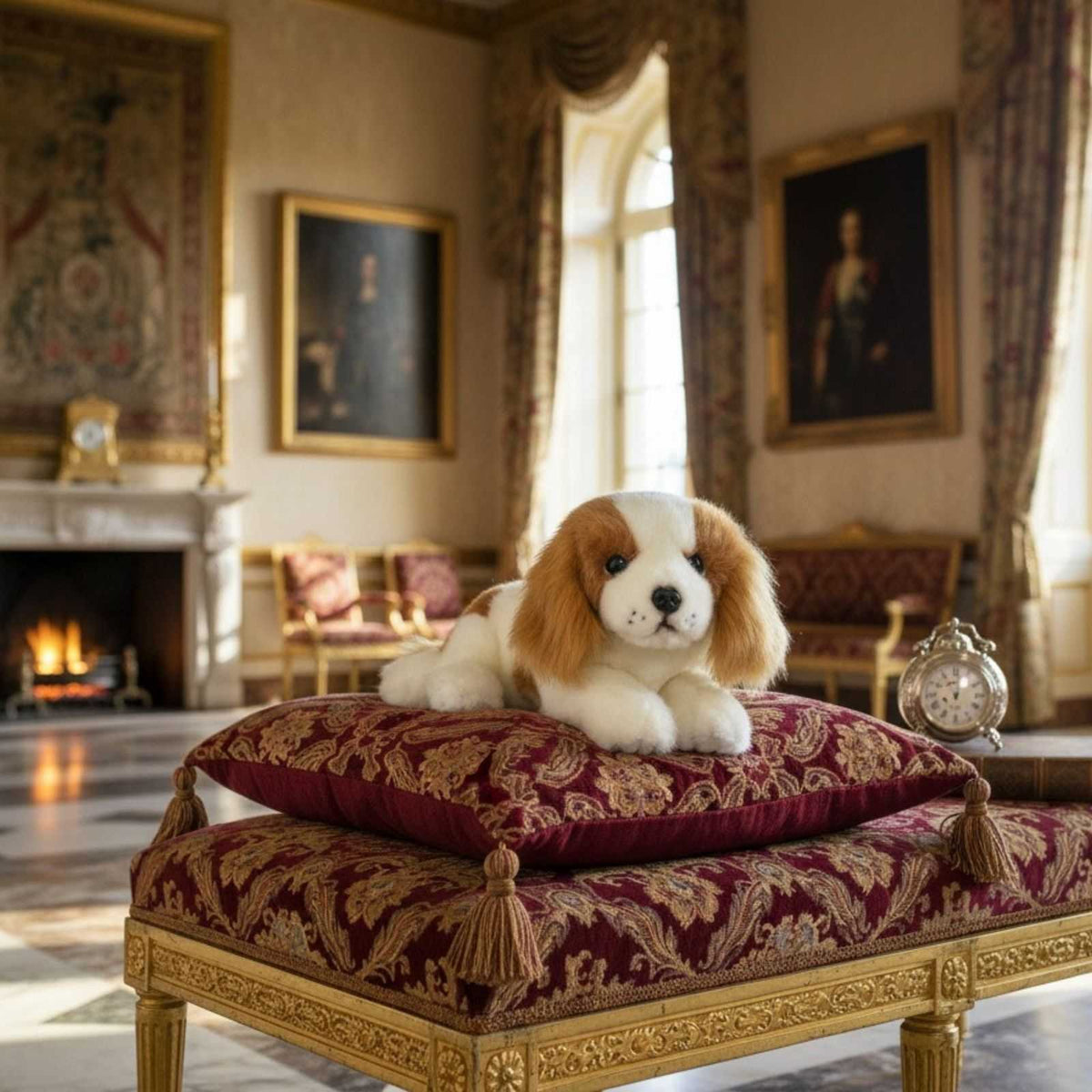 Phoebe Cavalier King Charles plush on ornate cushions in palace.