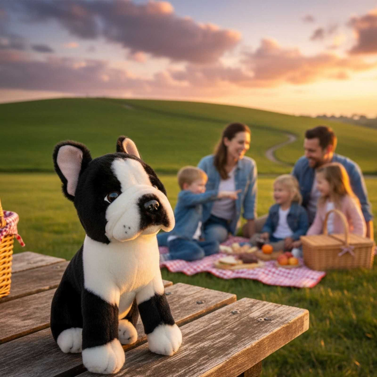 Pierre French Bulldog plush sitting on picnic table with family outdoors