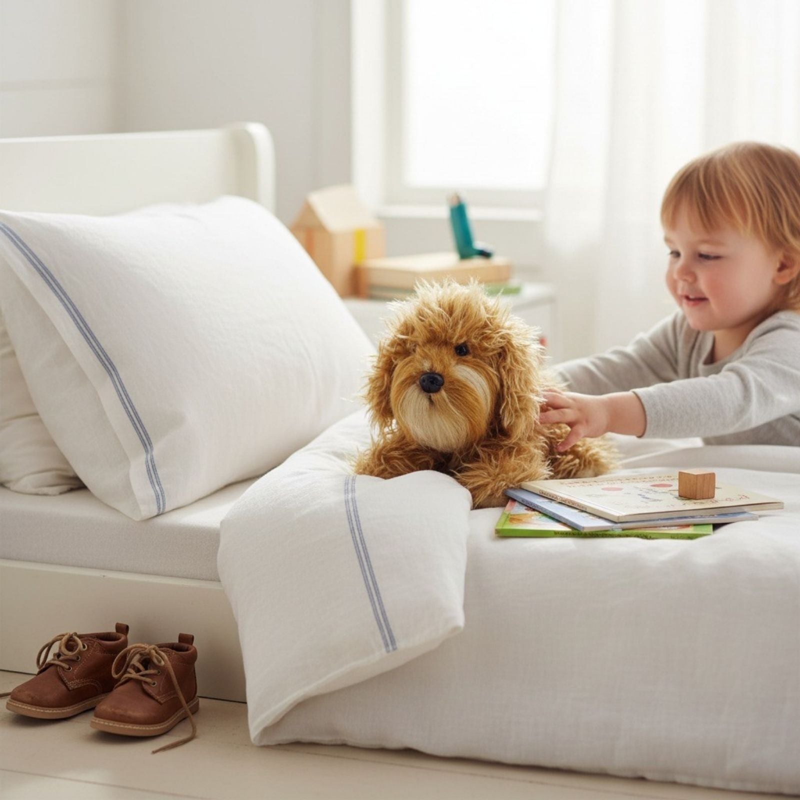 Pluto Oodle plush on white bed in daylight.