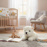 Pookie Westie plush floppy on carpet in nursery with books and wooden blocks