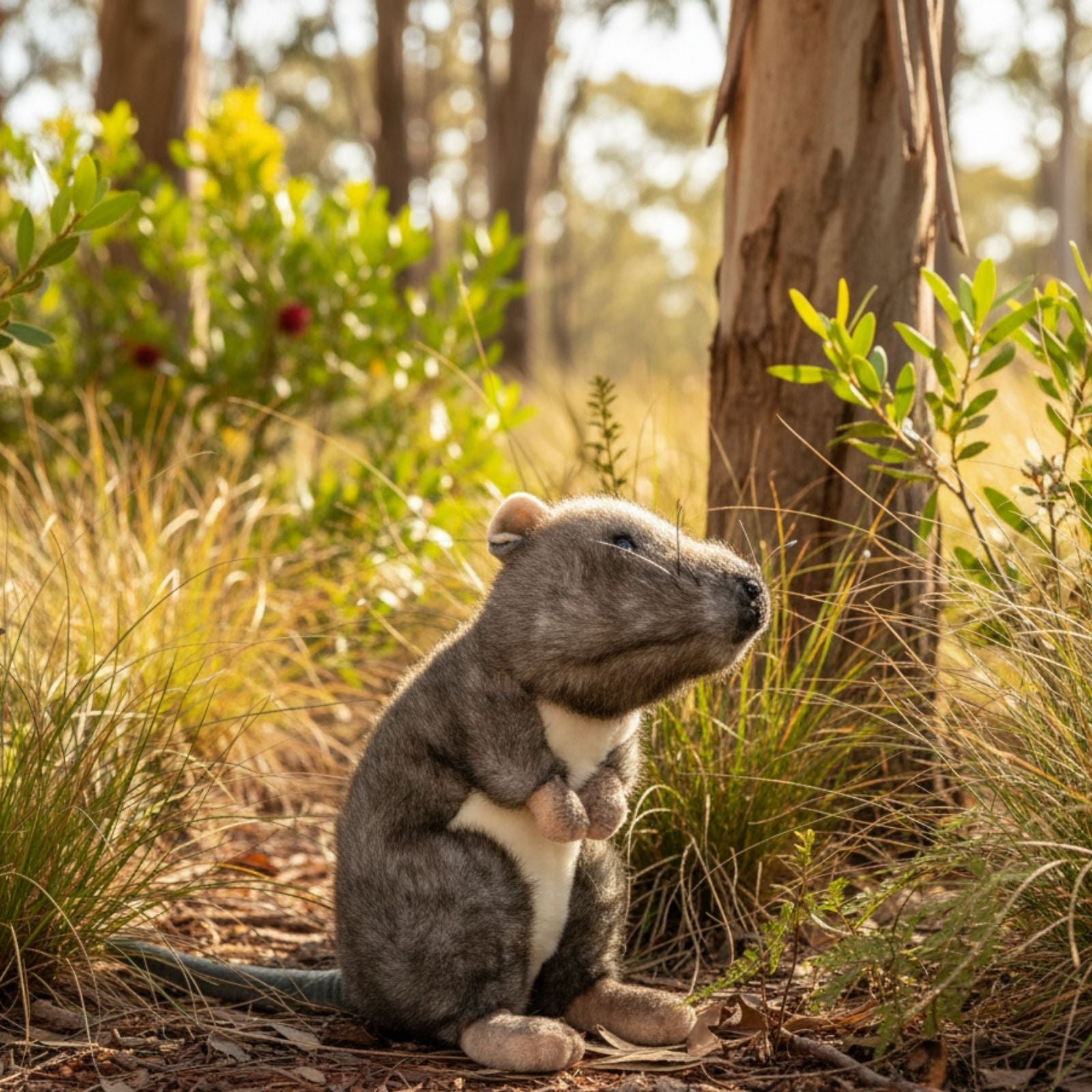 A plush potoroo toy with realistic grey and brown fur sits upright in a sunlit, grassy outdoor setting.