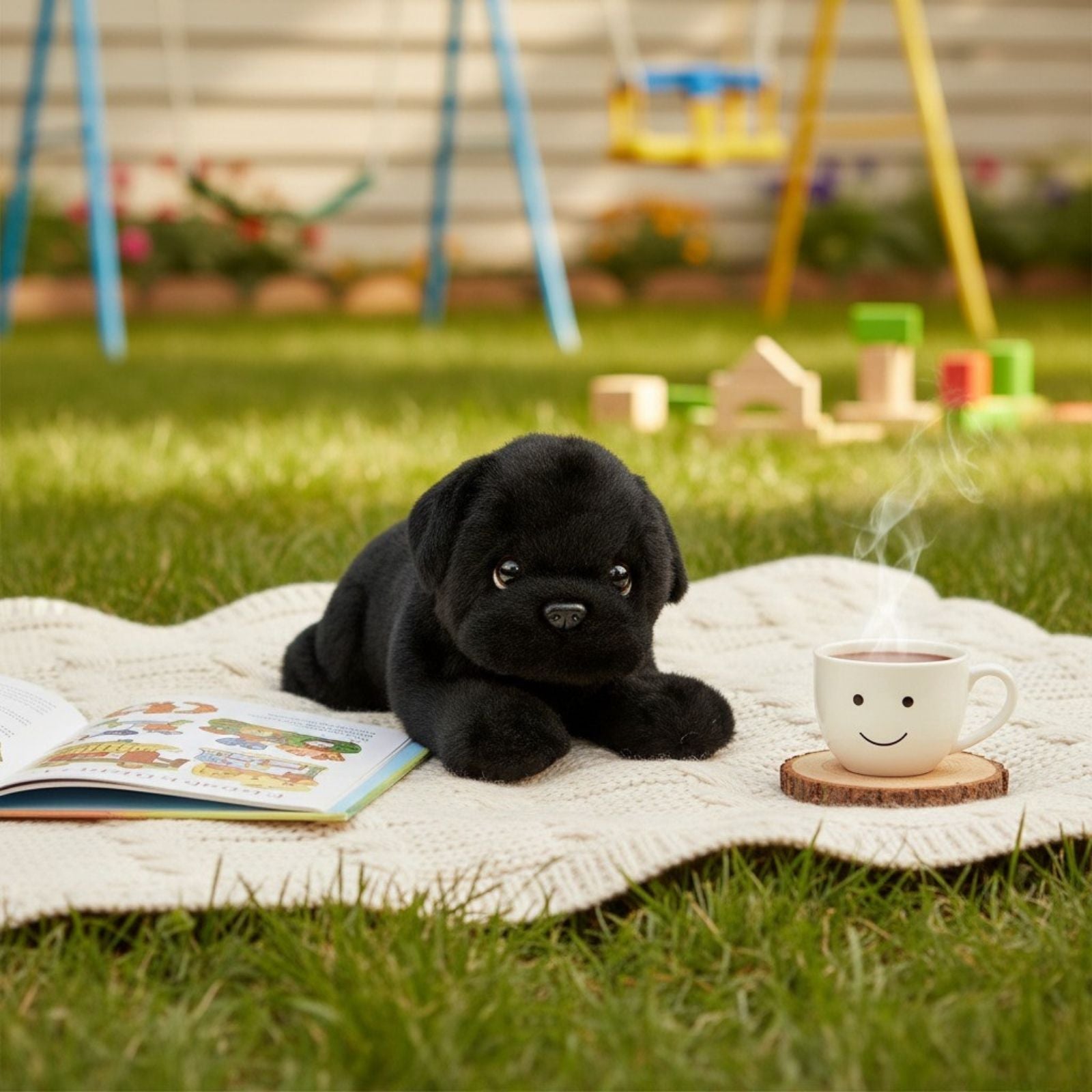 Puddles Pug plush on blanket with book and smiling mug outdoors