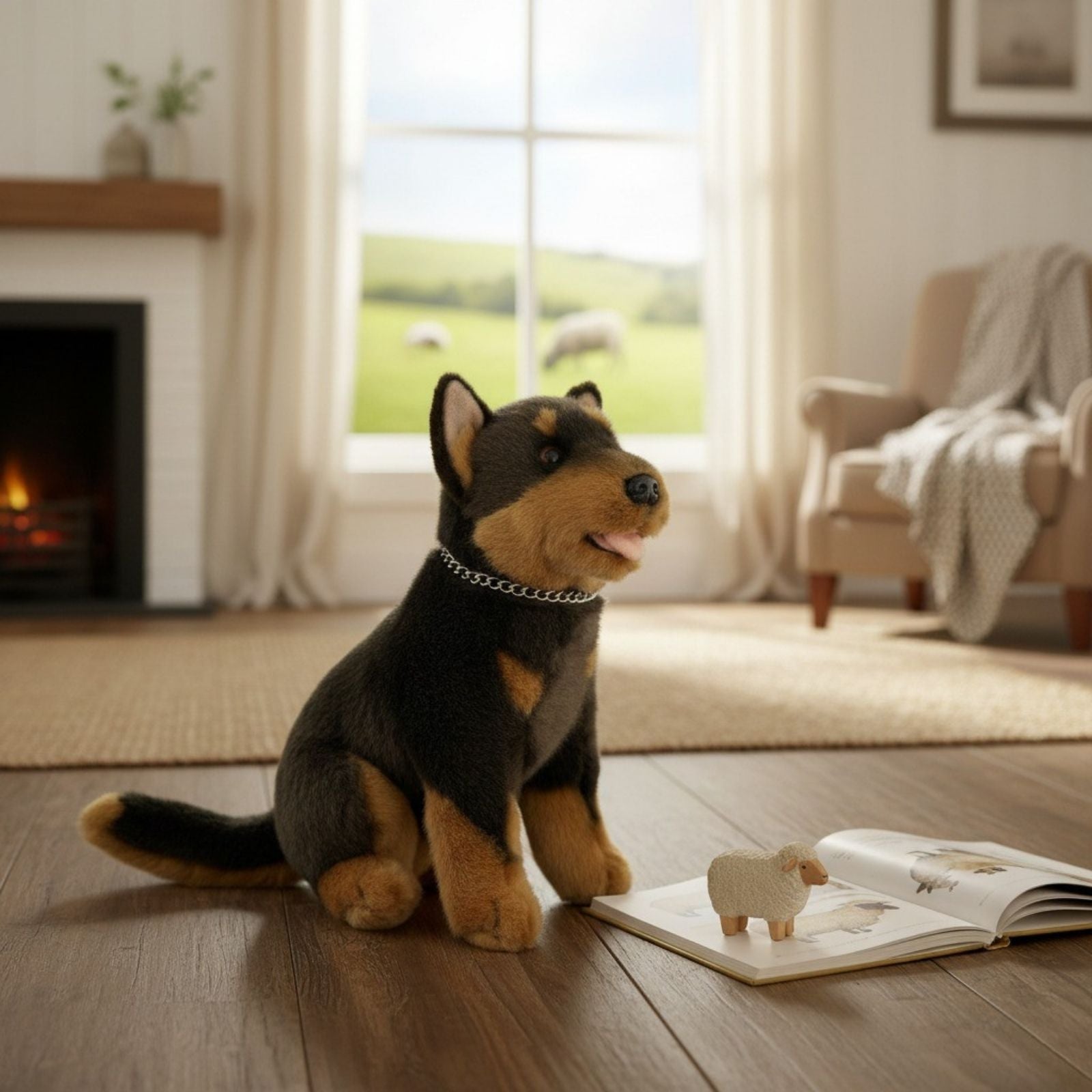 Quinn kelpie plush toy sitting on wooden floor in living room