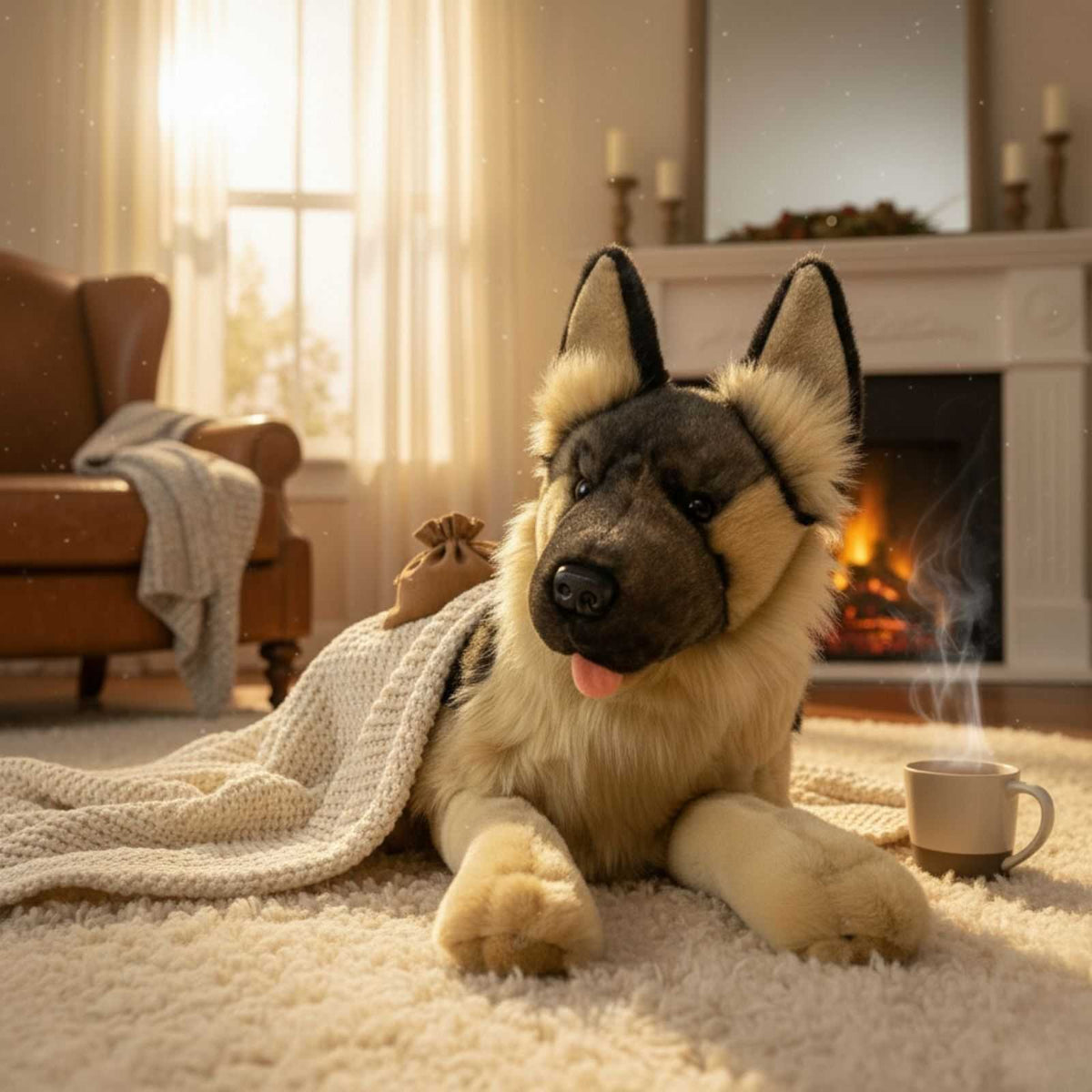 Ranger German Shepherd plush on carpet near fireplace with blanket