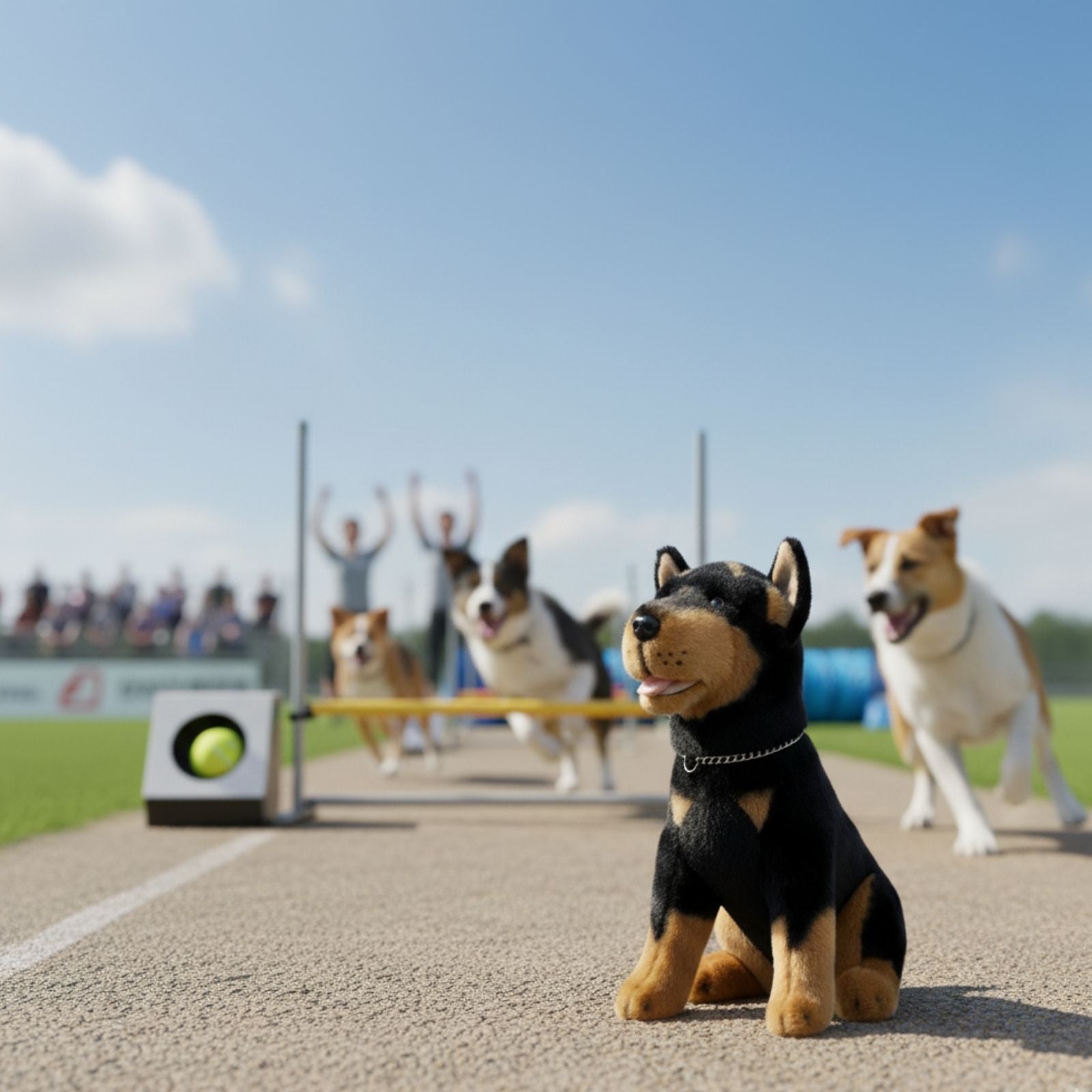 Rex Kelpie plush sitting on track with dogs jumping hurdles