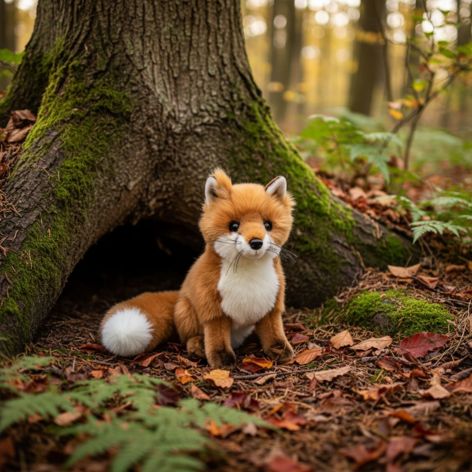 Reynard fox plush sitting on forest floor near mossy tree roots
