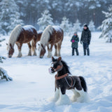 Rimsky Clydesdale Horse plush in snowy forest with real horses behind