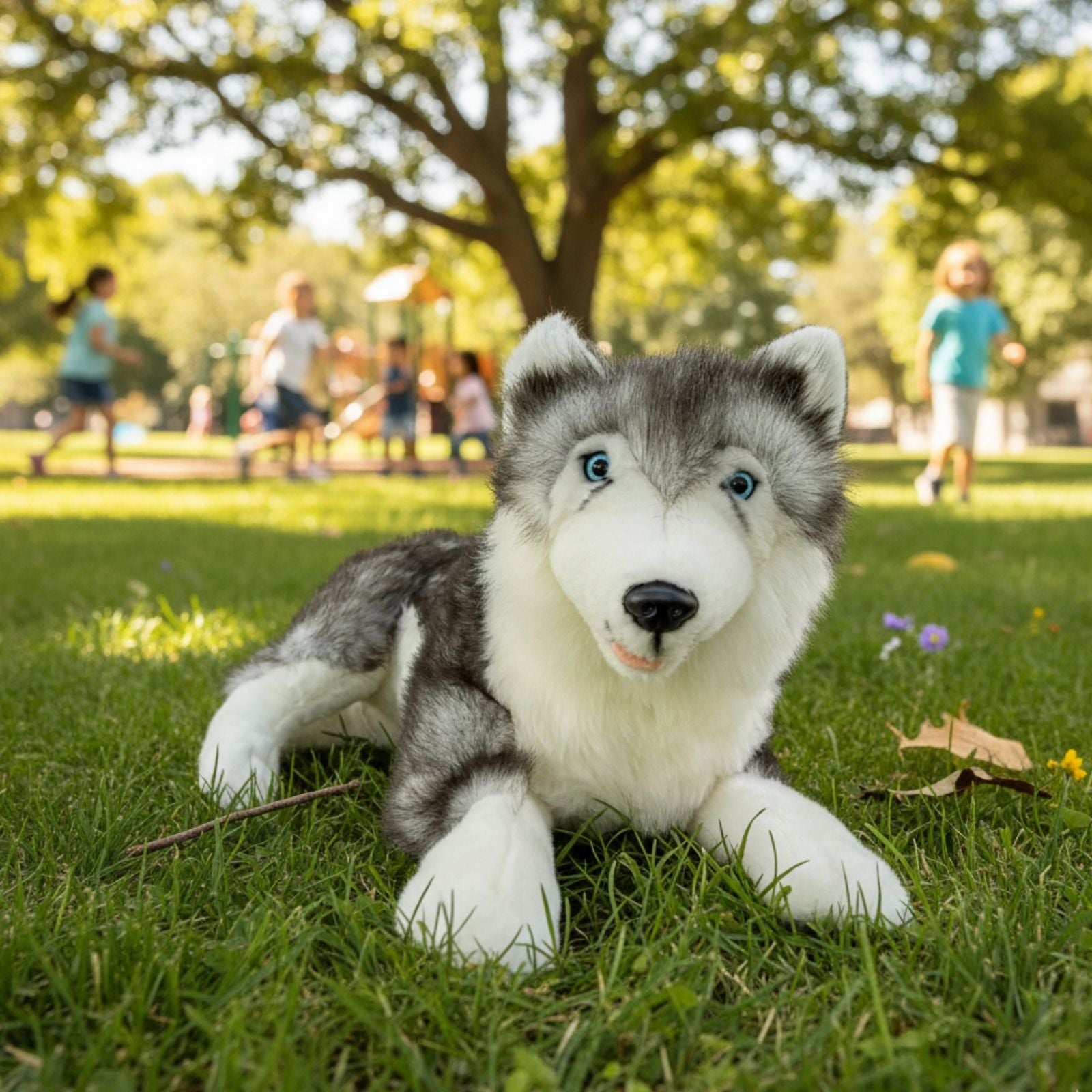 Rocco Husky plush lying on grass with children playing behind
