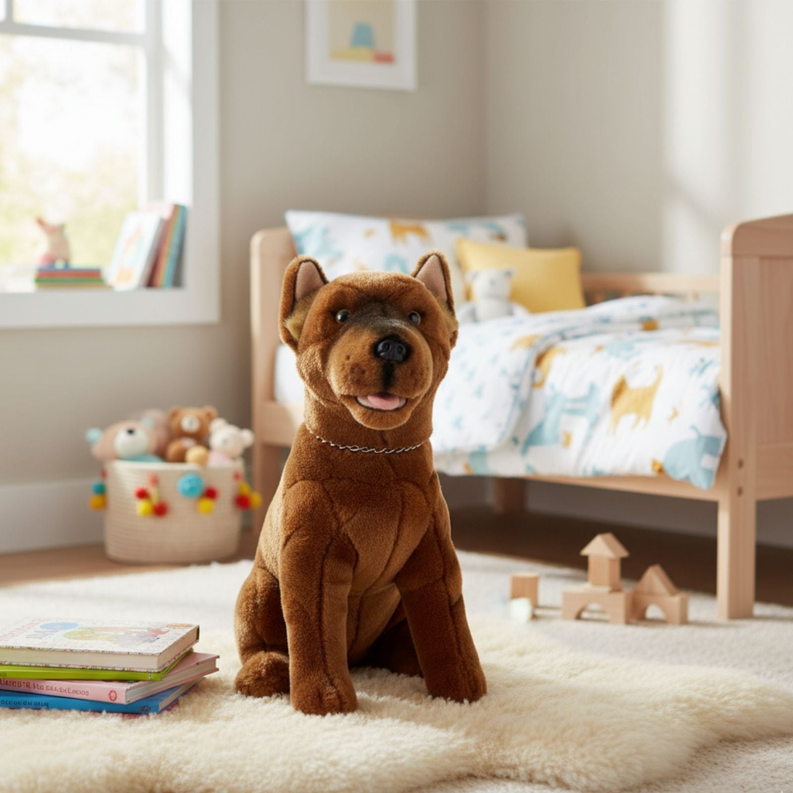 Ruby Kelpie plush sitting on rug in child’s room with books and toys