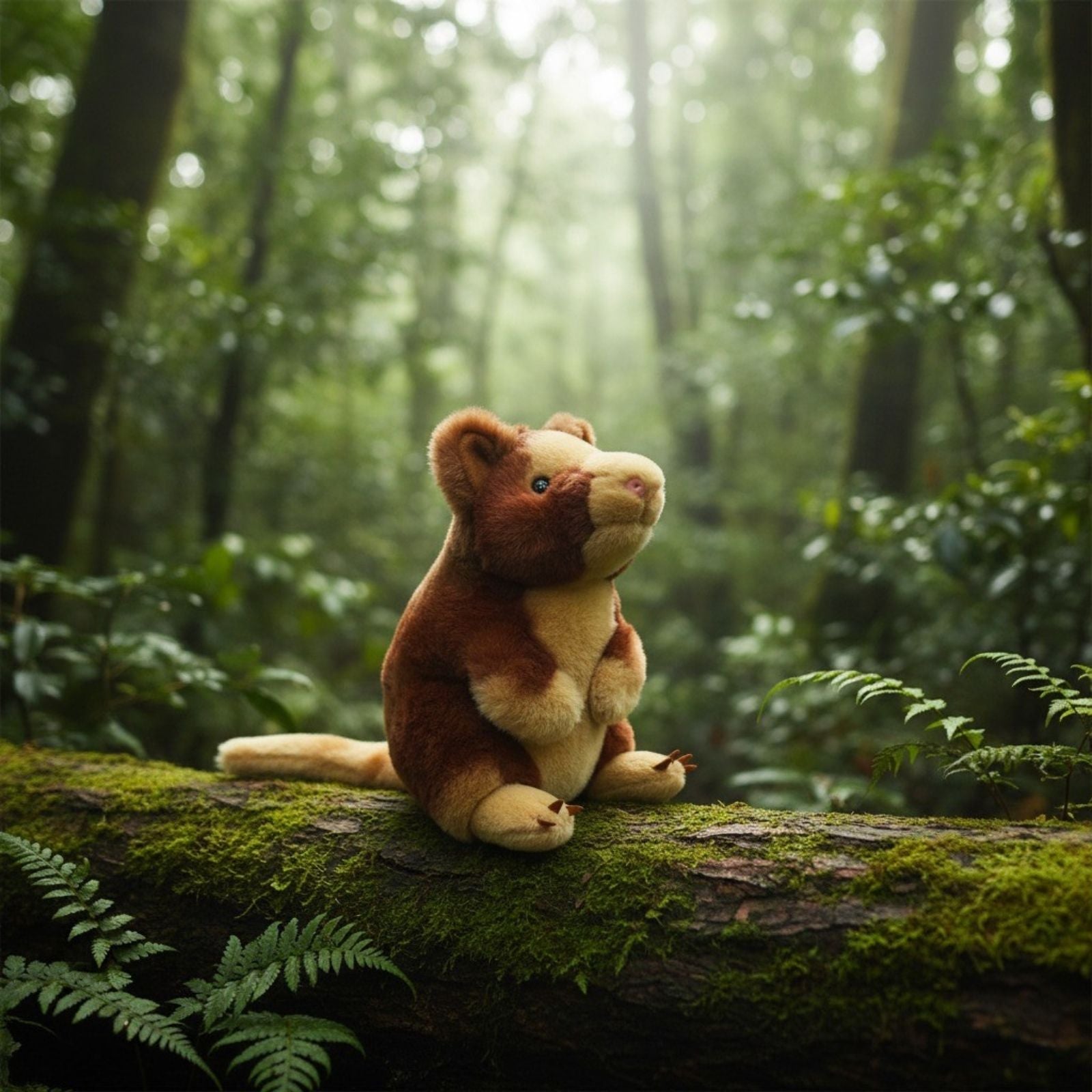 Plush toy Red Tree Kangaroo sitting on a mossy log in a forest