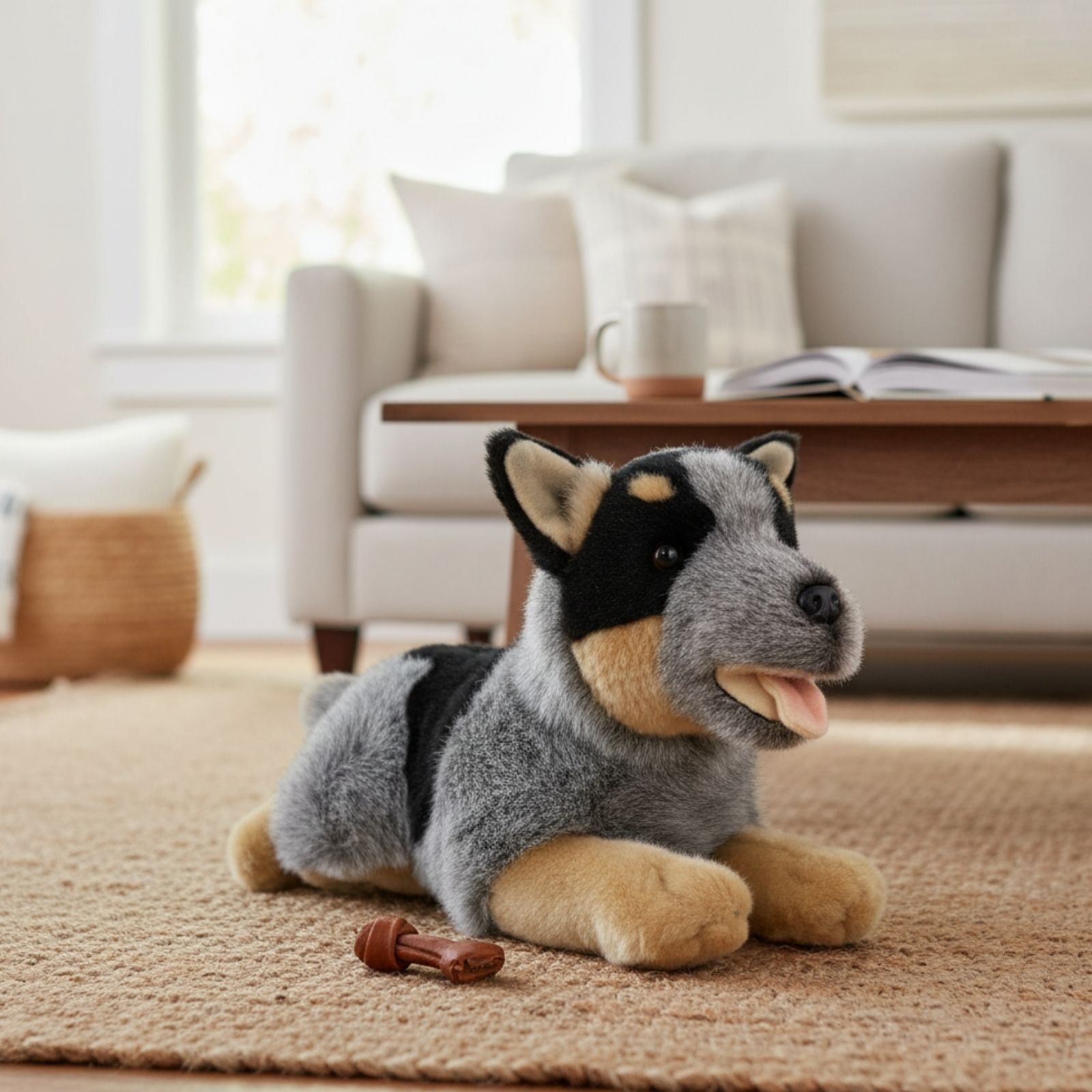 Rusty Blue Heeler plush floppy on carpet with chew toy in living room