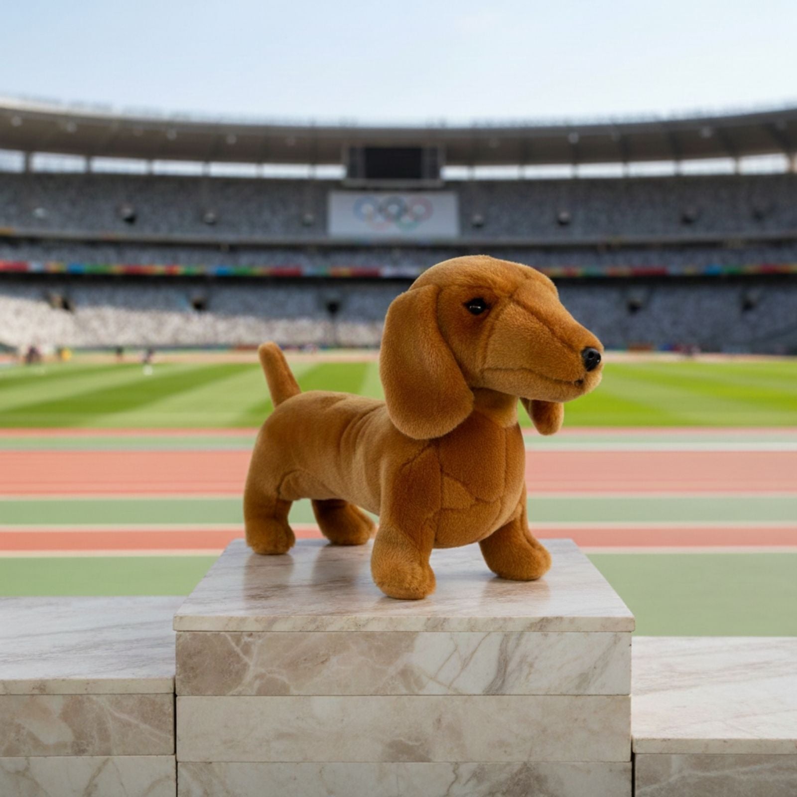 Sadie Dachshund plush standing on marble podium in Olympic stadium